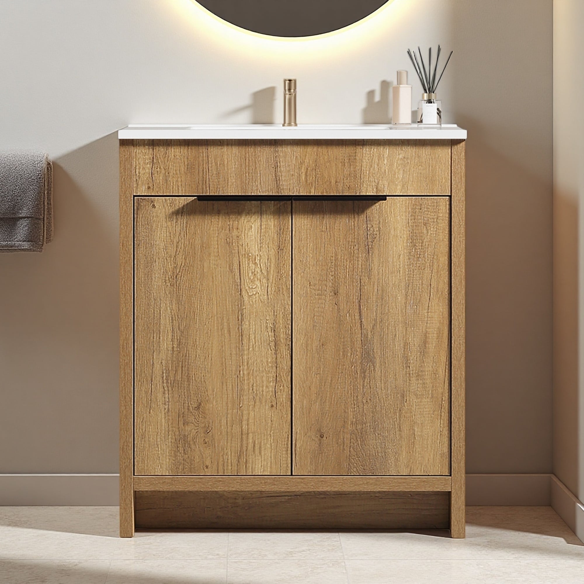 30 Mdf Water Resistant Freestanding Fluted Bathroom Vanity With Integrated Ceramic Sink And 2 Soft Close Drawers