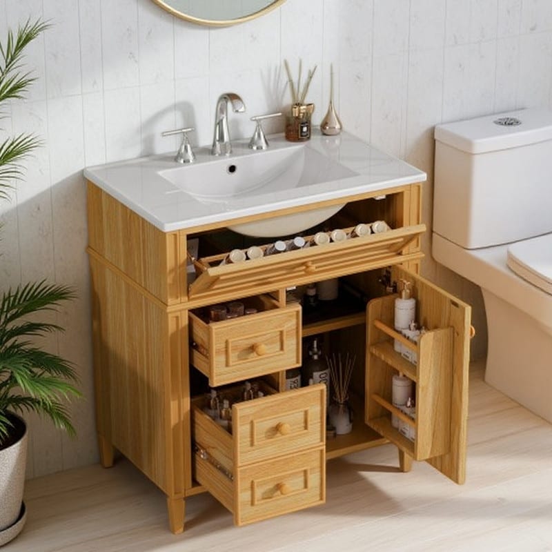 30 Modern Bathroom Vanity With Ceramic Sink Freestanding Cabinet With Flip Out Top Drawer 1 Soft Close Door 2 Drawers
