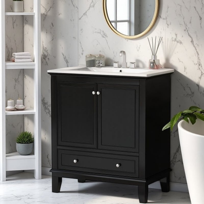 30 Modern Bathroom Vanity With Ceramic Sink Freestanding Storage Cabinet With 2 Doors 1 Drawer Adjustable Shelf