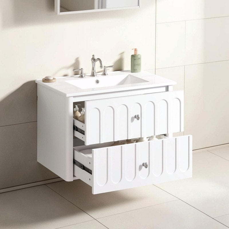 30 Modern Floating Bathroom Vanity With Oval Knobs Rounded Edges Soft Close Drawer Slides Ceramic Sink Bathroom Cabinet