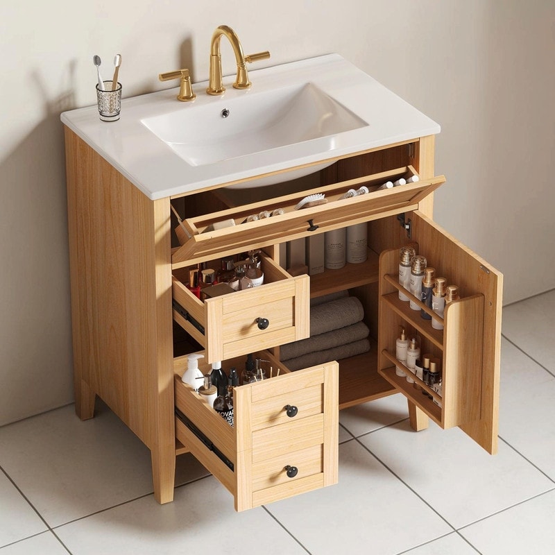 30 Natural Wood Grain Bathroom Vanity With Ceramic Sink Solid Wood Legs Soft Close Adjustable Shelf