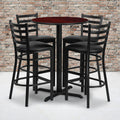 30 Inch Round Mahogany Laminate Table Set With Four 4 Black Vinyl Seat Ladder Back Metal Bar Stools