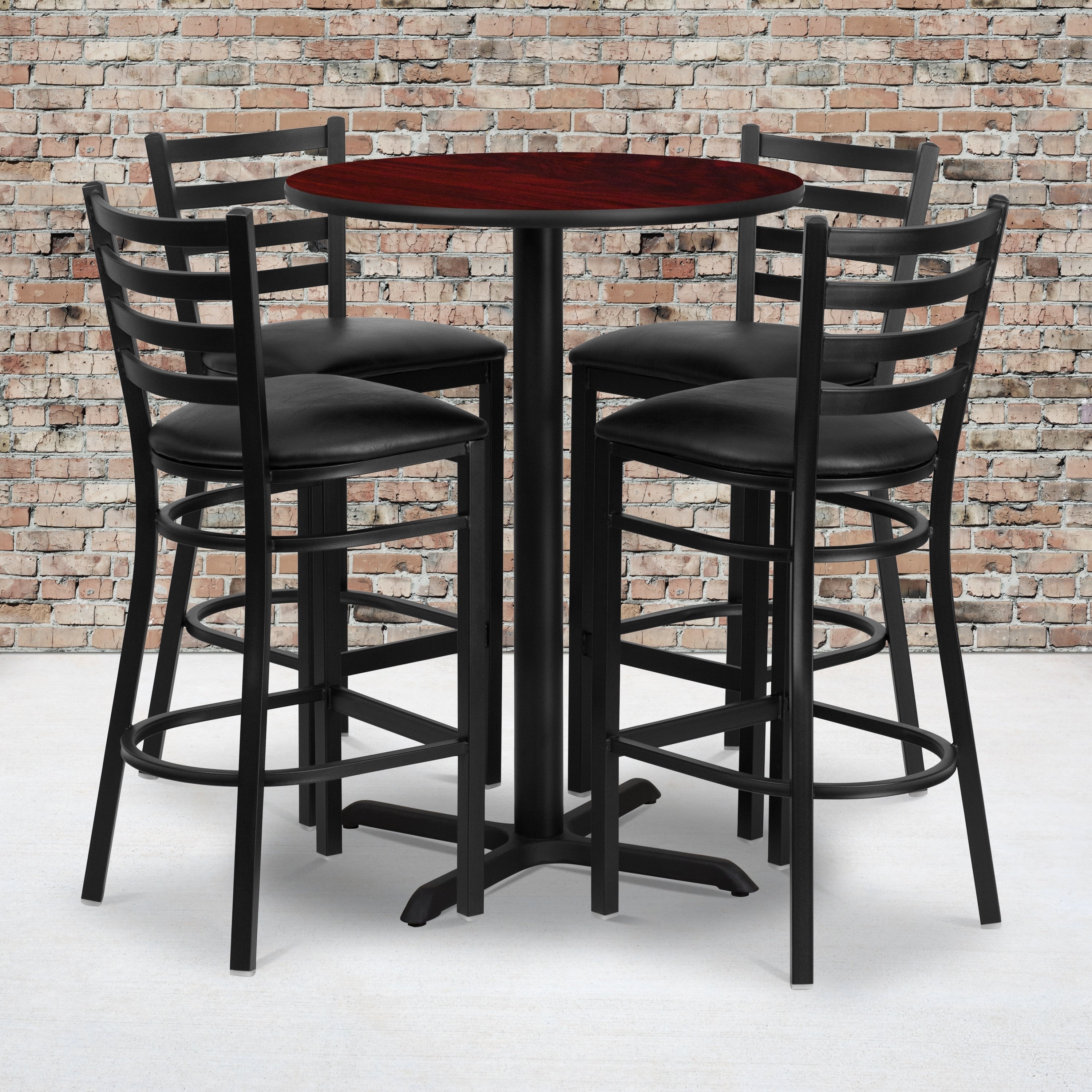 30 Inch Round Mahogany Laminate Table Set With Four 4 Black Vinyl Seat Ladder Back Metal Bar Stools