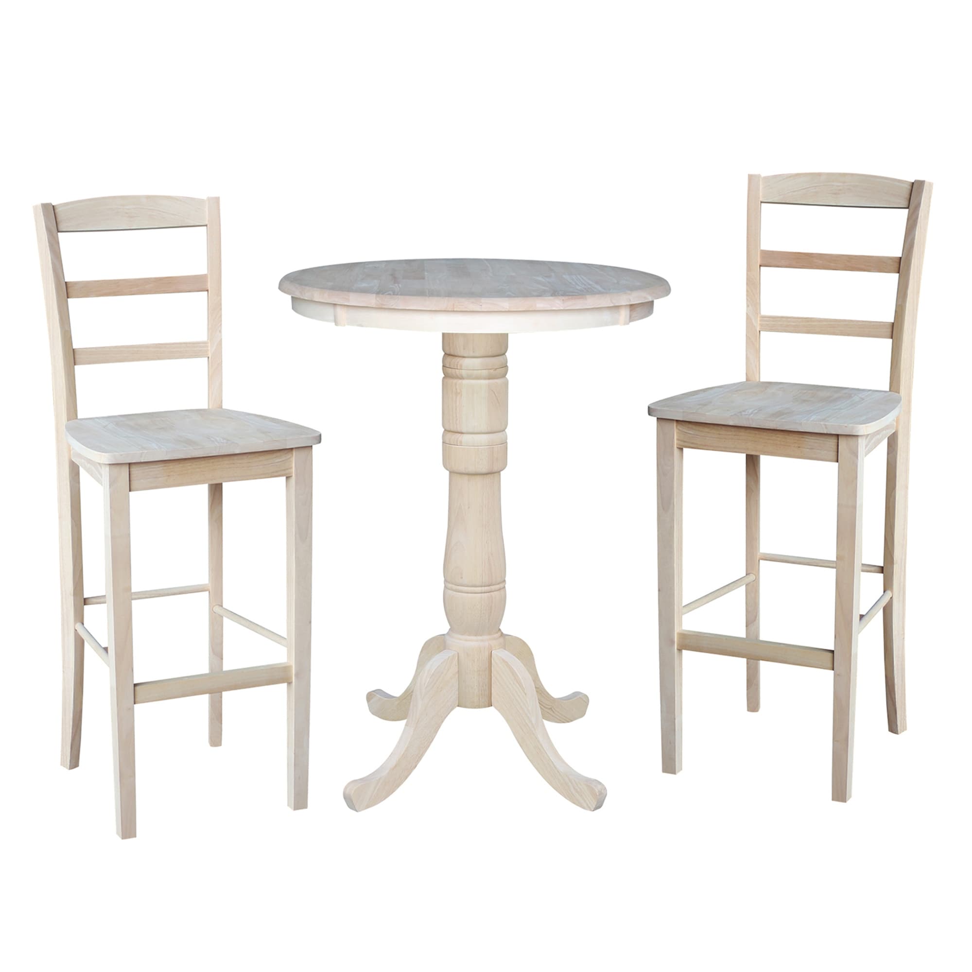 30 Round Pedestal Bar Height Table With 2 Madrid Stools Unfinished 3 Piece Set