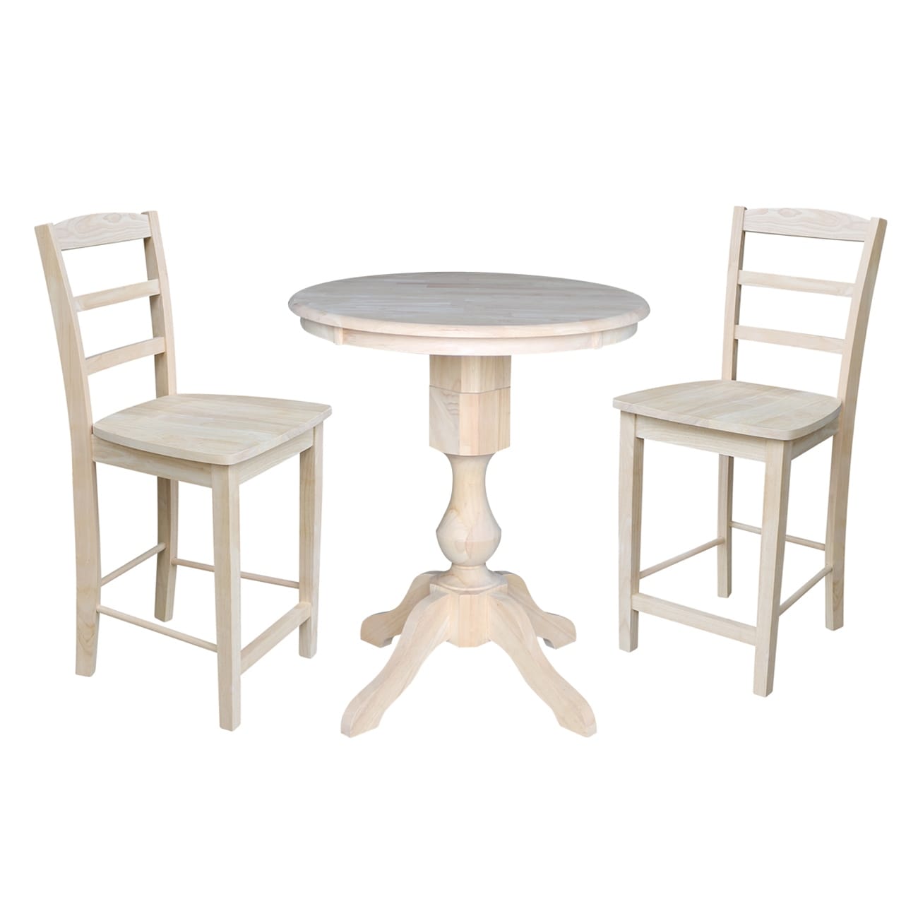 30 Round Pedestal Counter Height Table With 2 Madrid Stools Unfinished 3 Piece Set
