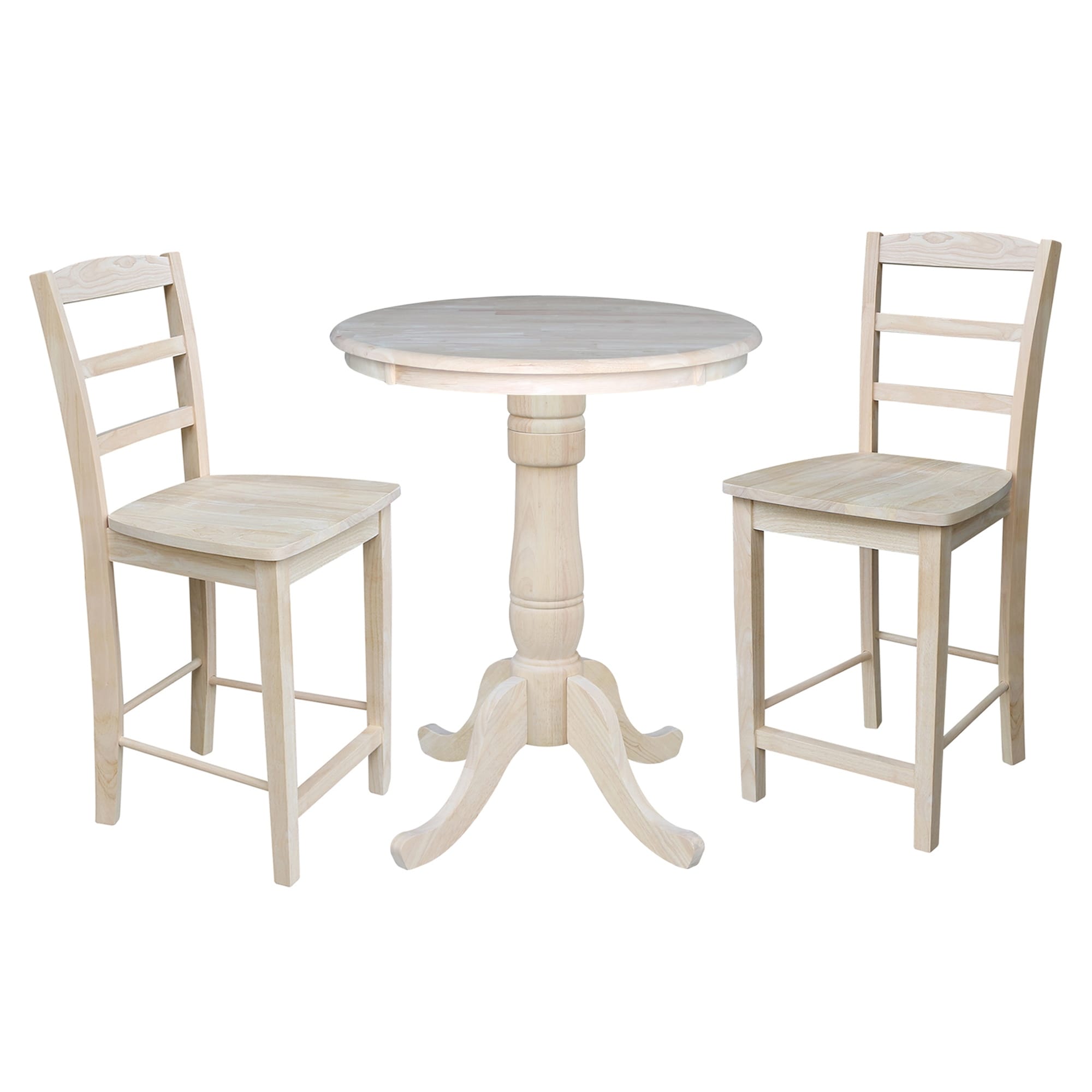 30 Round Pedestal Counter Height Table With 2 Madrid Stools Unfinished 3 Piece Set