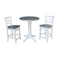 30 Round Pedestal Gathering Height Table With 2 Emily Counter Height Stools In White And Heather Gray