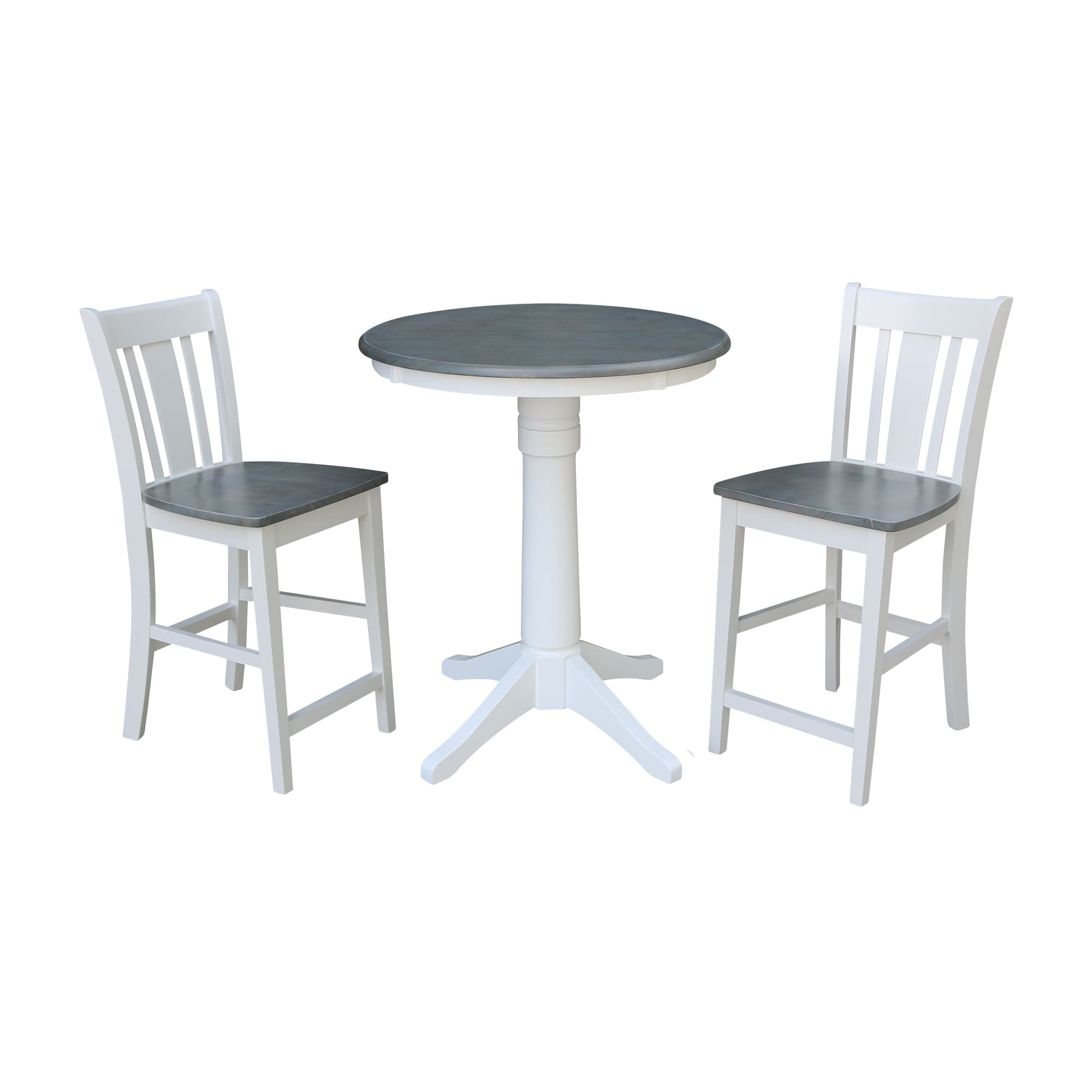30 Round Pedestal Gathering Height Table With 2 San Remo Counter Height Stools In White And Heather Gray