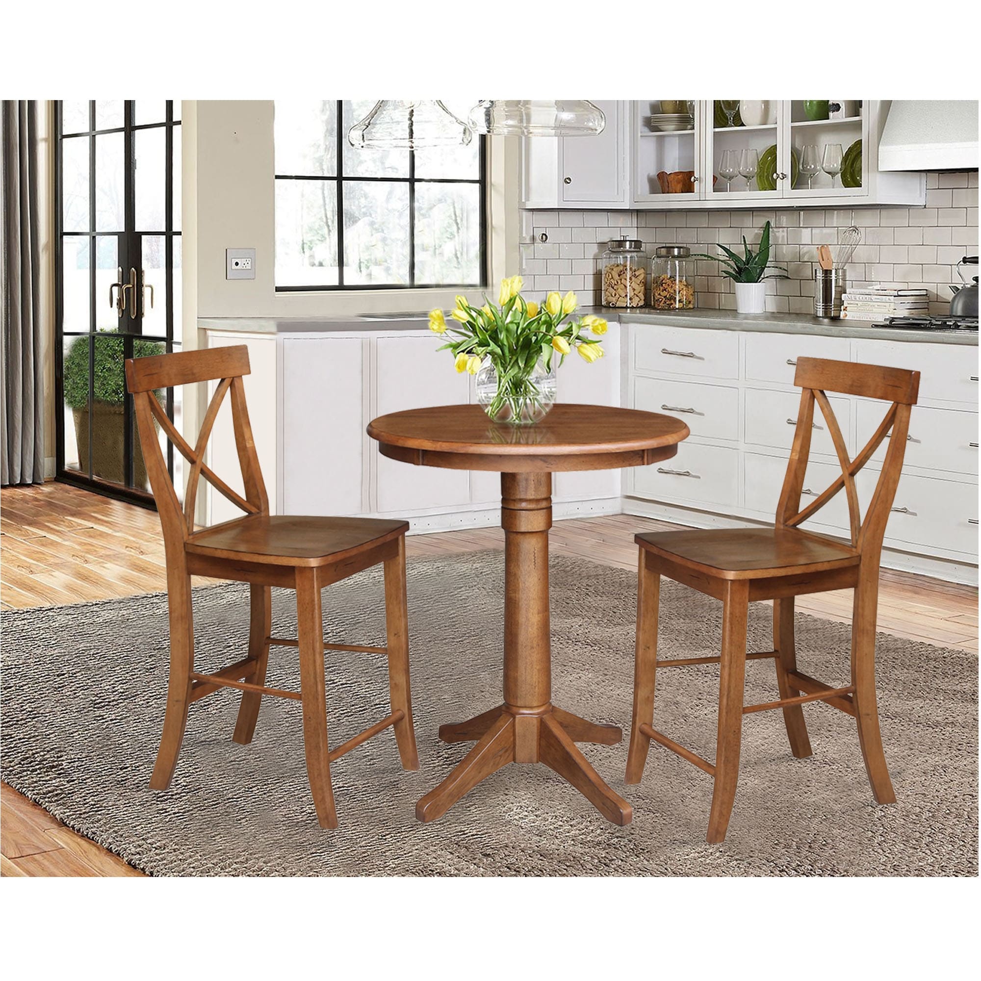 30 Round Pedestal Gathering Height Table With 2 X Back Counter Height Stools 3 Piece Set