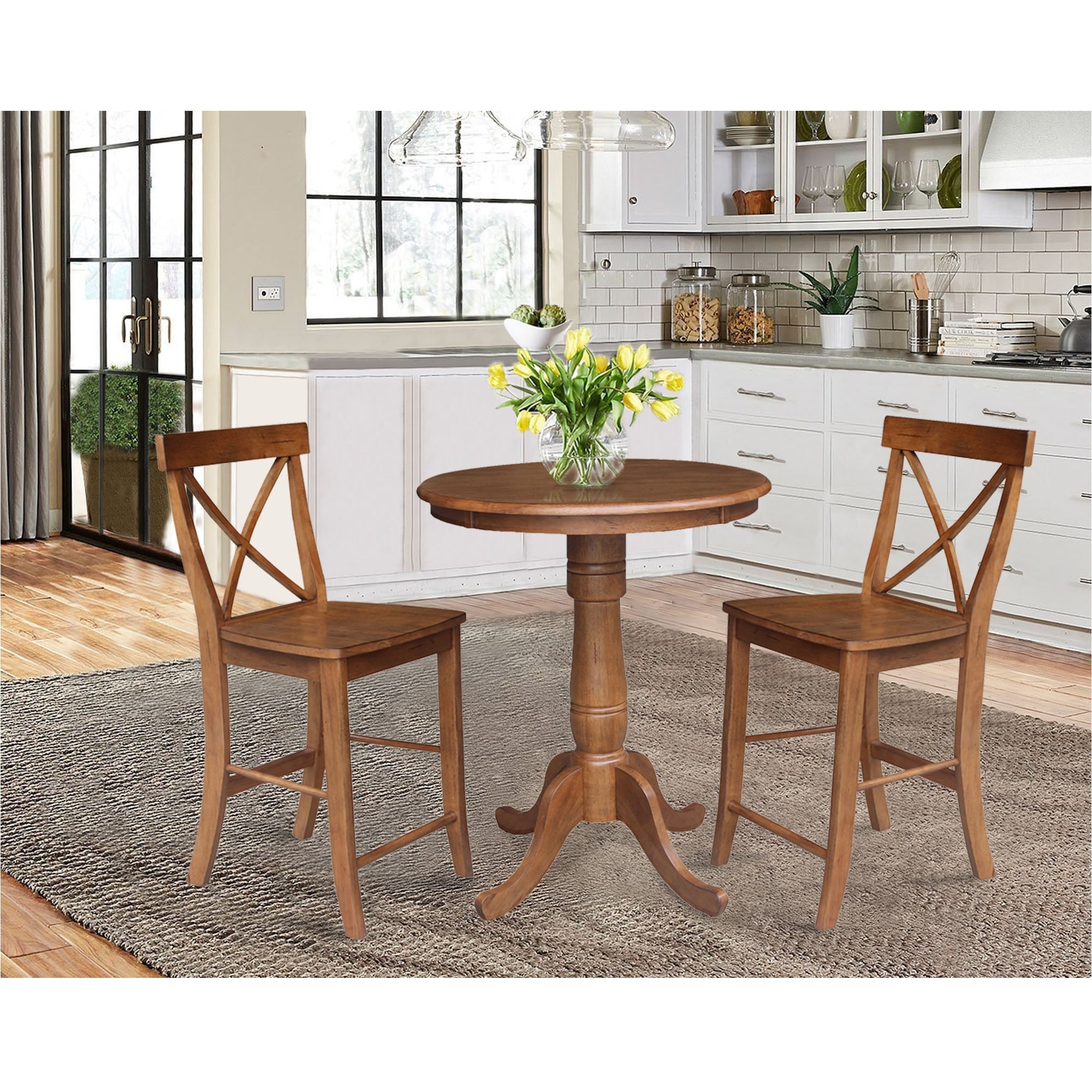 30 Round Pedestal Gathering Height Table With 2 X Back Counter Height Stools 3 Piece Set