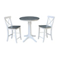 30 Round Pedestal Gathering Height Table With 2 X Back Counter Height Stools In White And Heather Gray