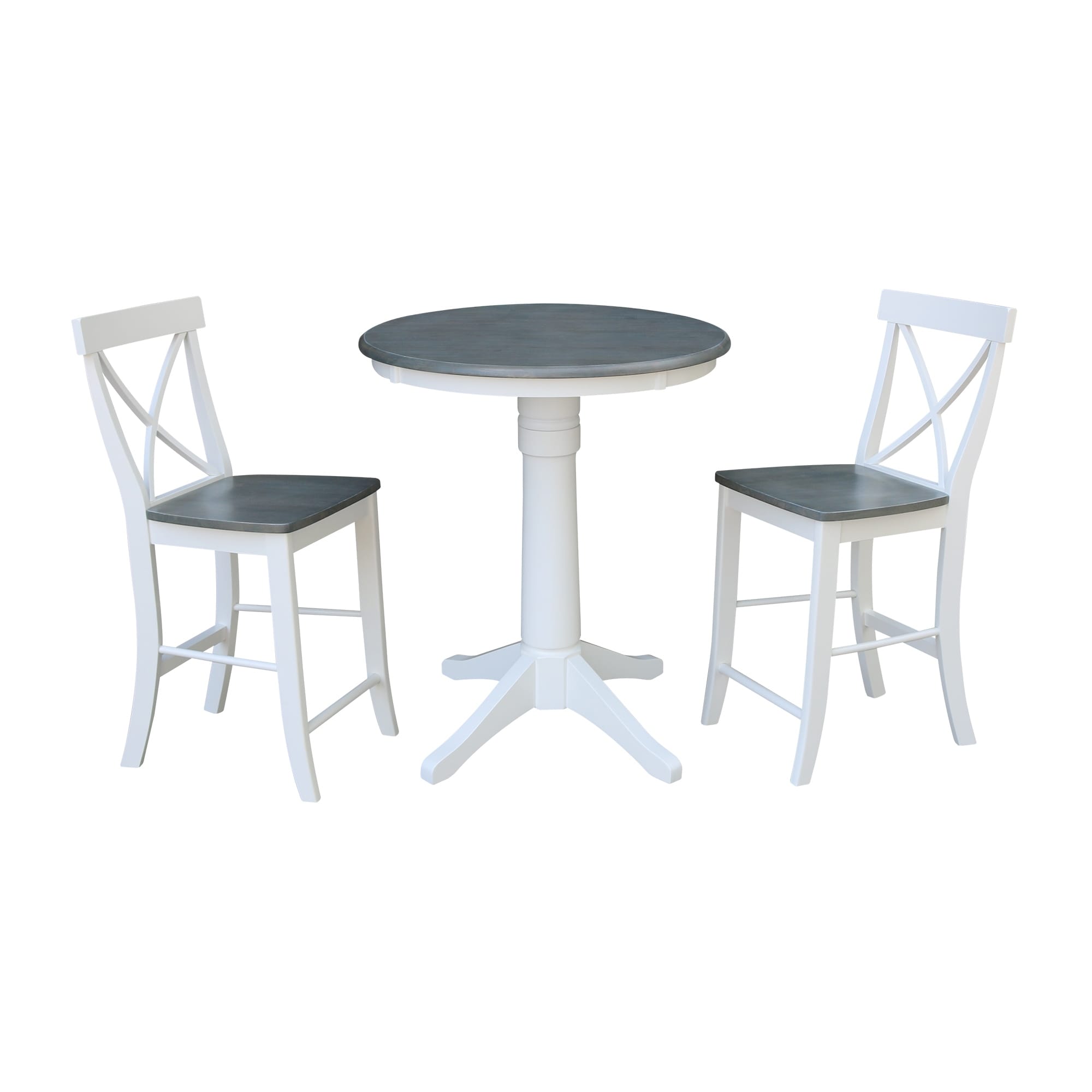 30 Round Pedestal Gathering Height Table With 2 X Back Counter Height Stools In White And Heather Gray