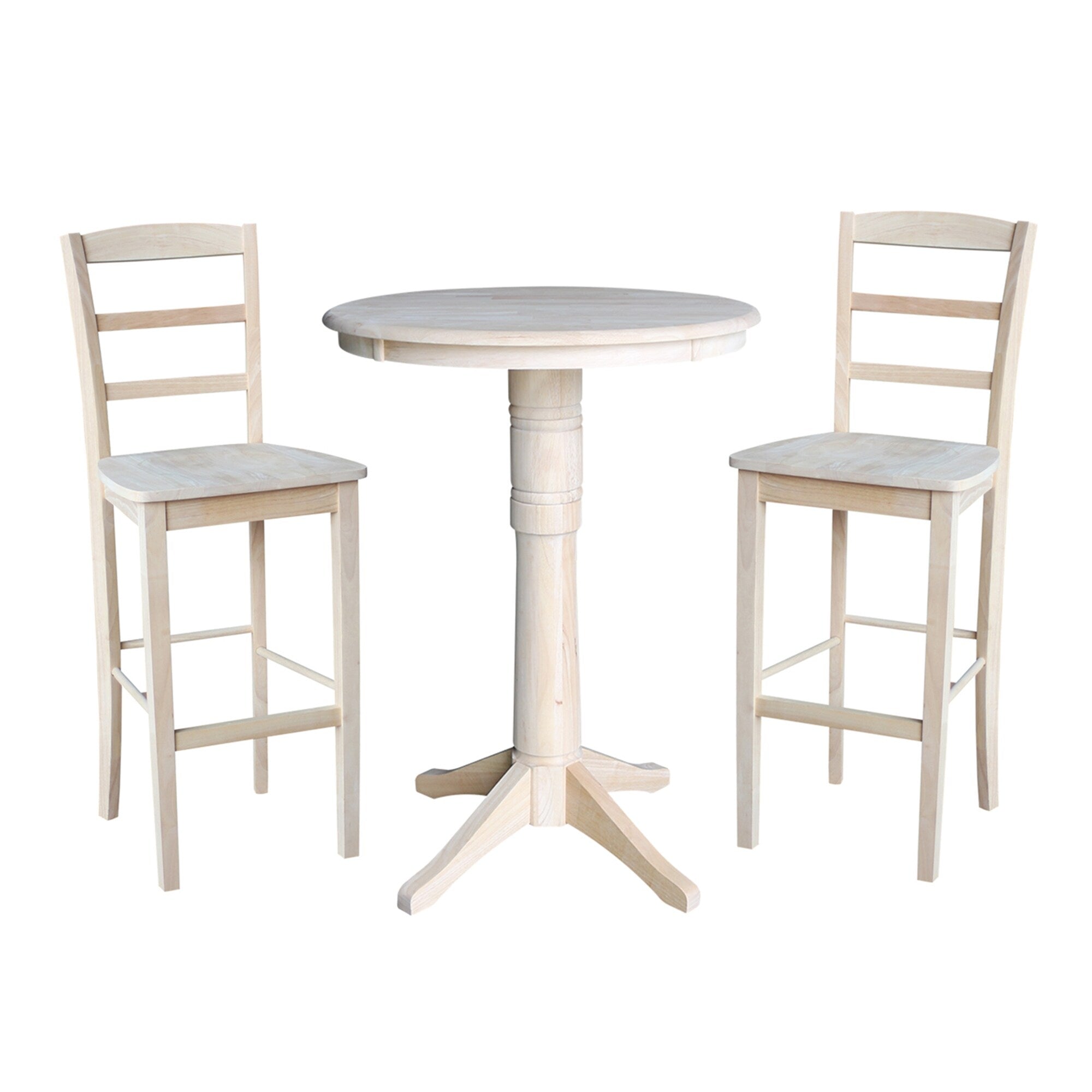 30 Round Top Pedestal Bar Height Table With 2 Madrid Stools Unfinished 3 Piece Set