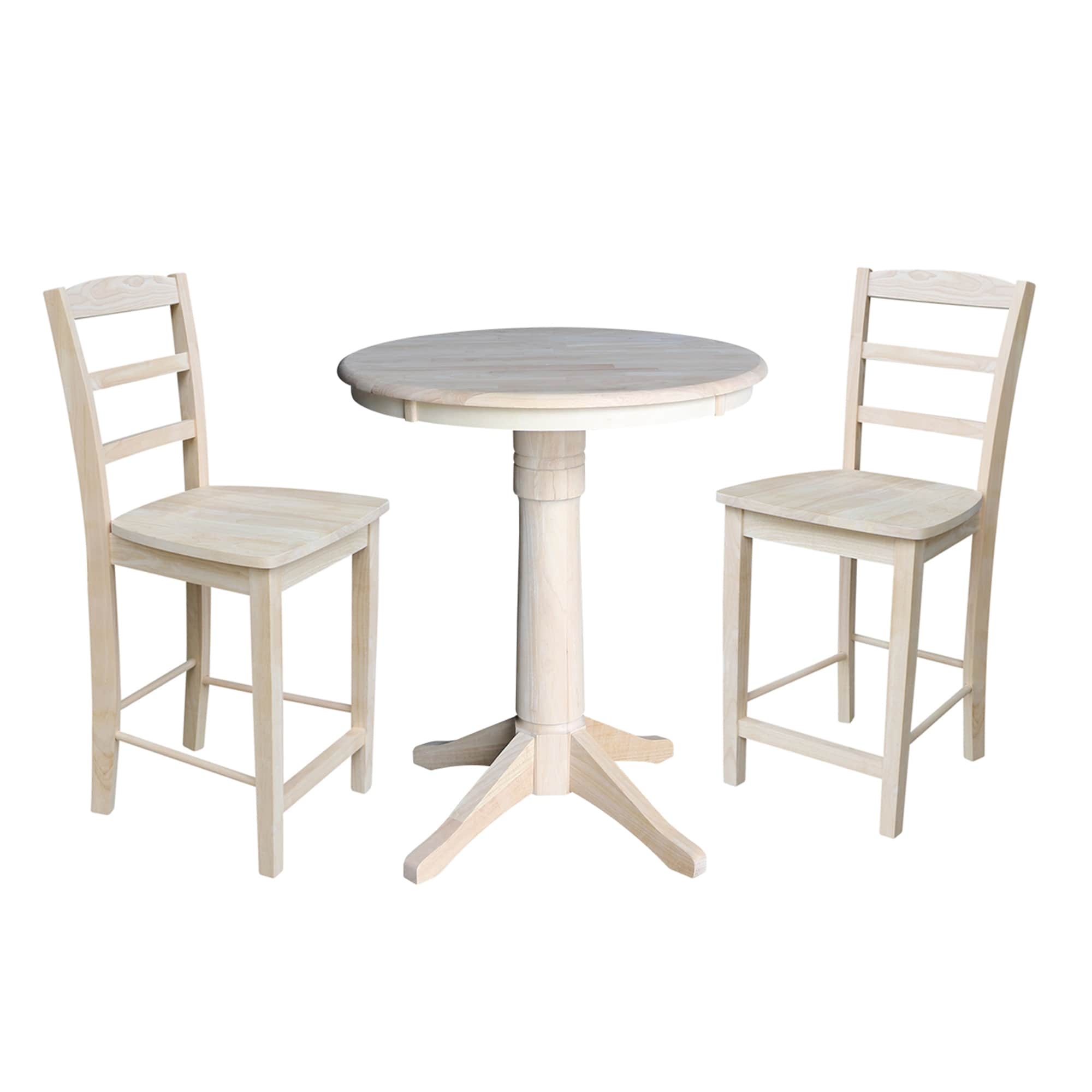 30 Round Top Pedestal Counter Height Table With 2 Madrid Stools Unfinished 3 Piece Set