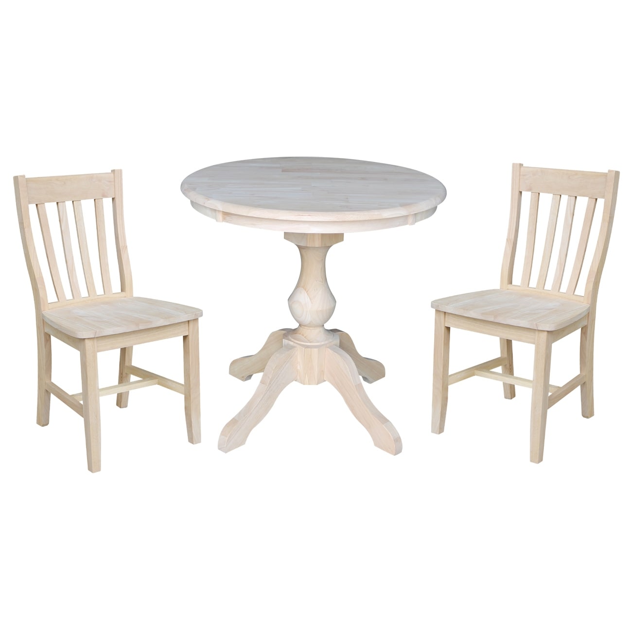 30 Round Top Pedestal Dining Table With 2 Cafe Chairs Unfinished 3 Piece Set