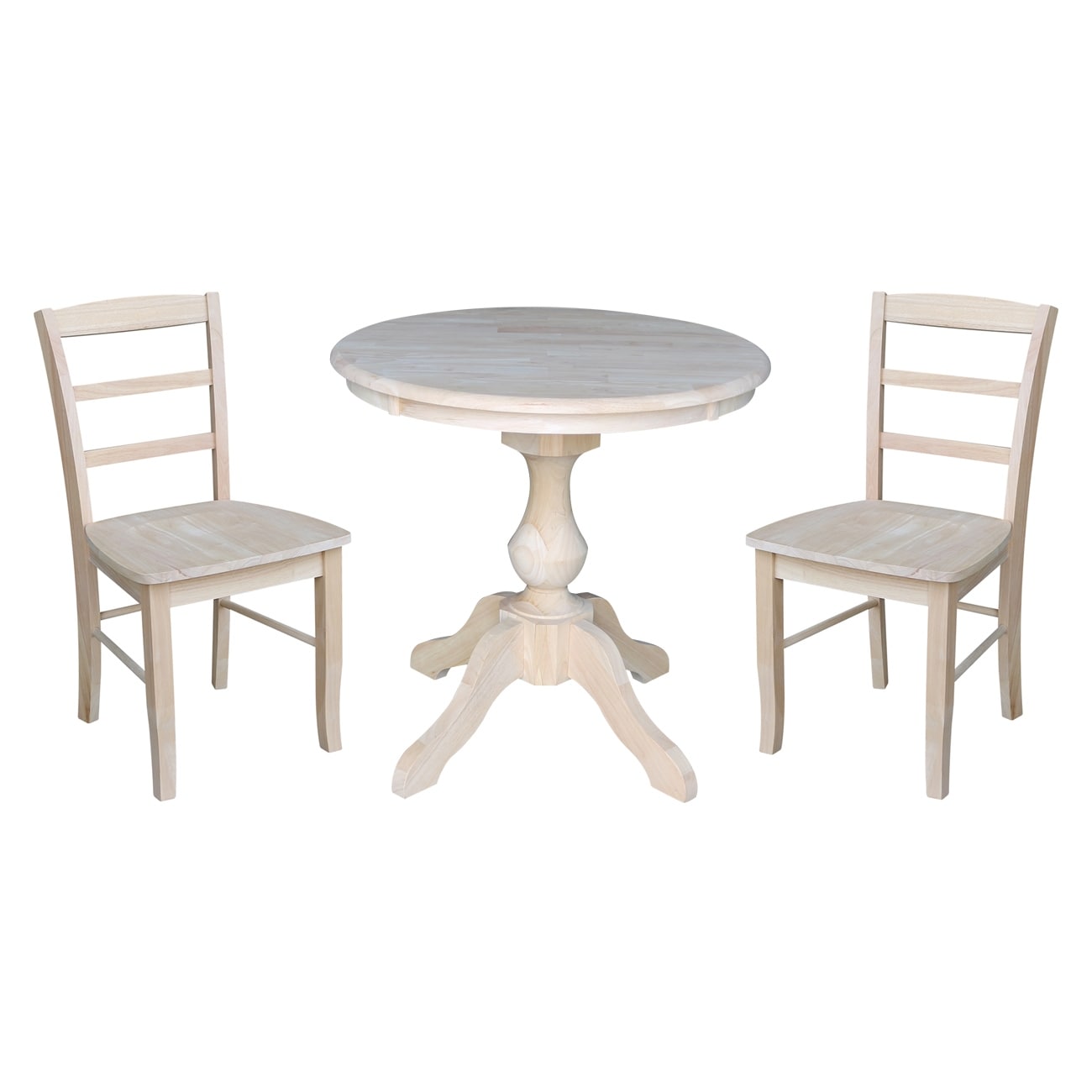 30 Round Top Pedestal Dining Table With 2 Madrid Chairs Unfinished 3 Piece Set