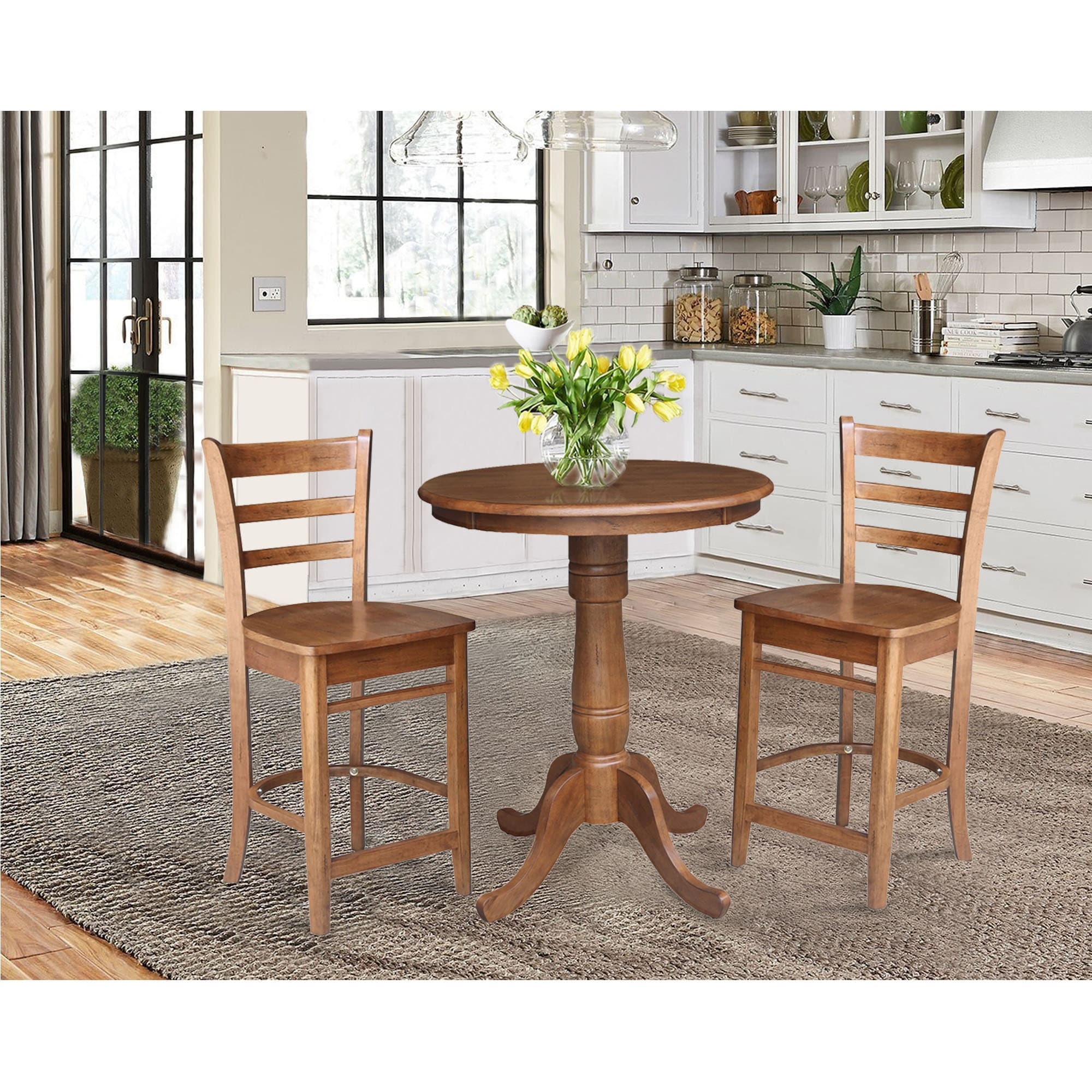30 Round Top Pedestal Table With 2 Emily Counter Height Stools 3 Piece Set