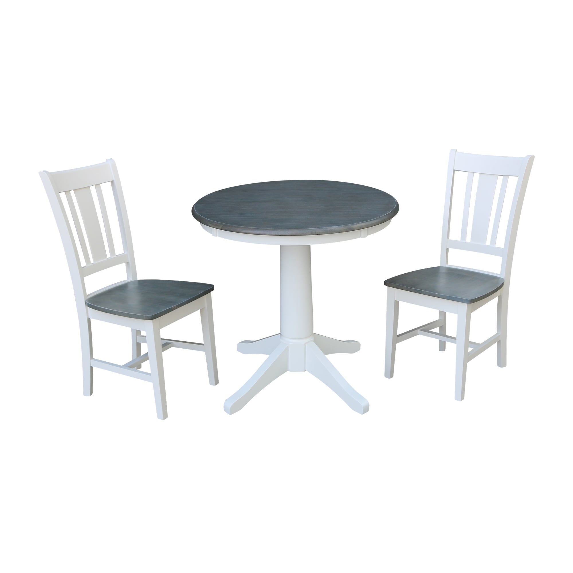 30 Round Top Pedestal Table With 2 San Remo Chairs In White And Heather Gray