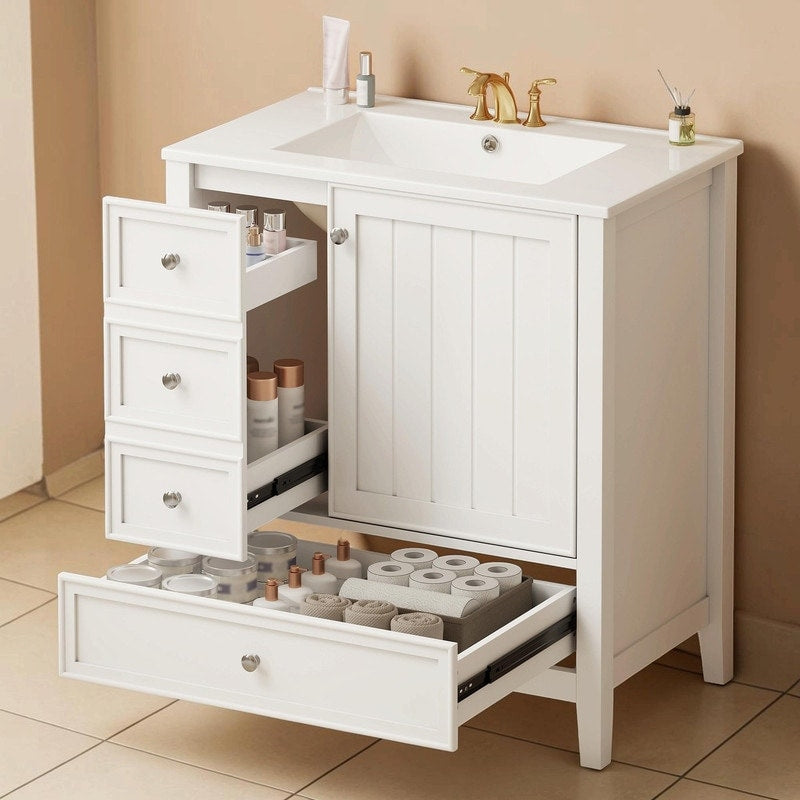 30 Single Sink Bathroom Vanity Solid Wood Mdf Cabinet Featuring 1 Compartment And 3 Drawers