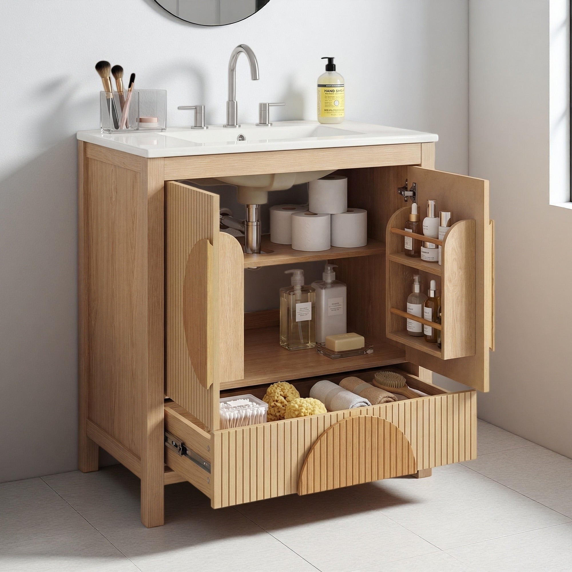 30 Solid Wood Water Resistant Freestanding Bathroom Vanity With Sink Soft Close Doors Drawers And Decorative Accents