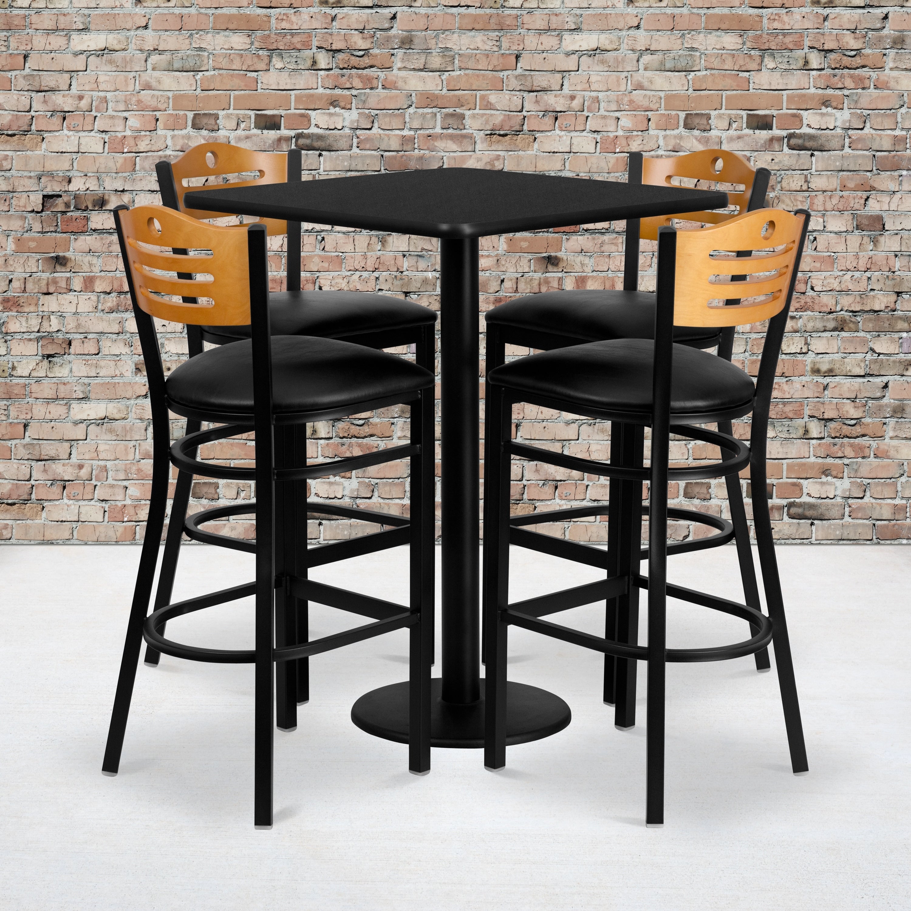 30 Square Laminate Table Set With 4 Wood Slat Back Metal Barstools