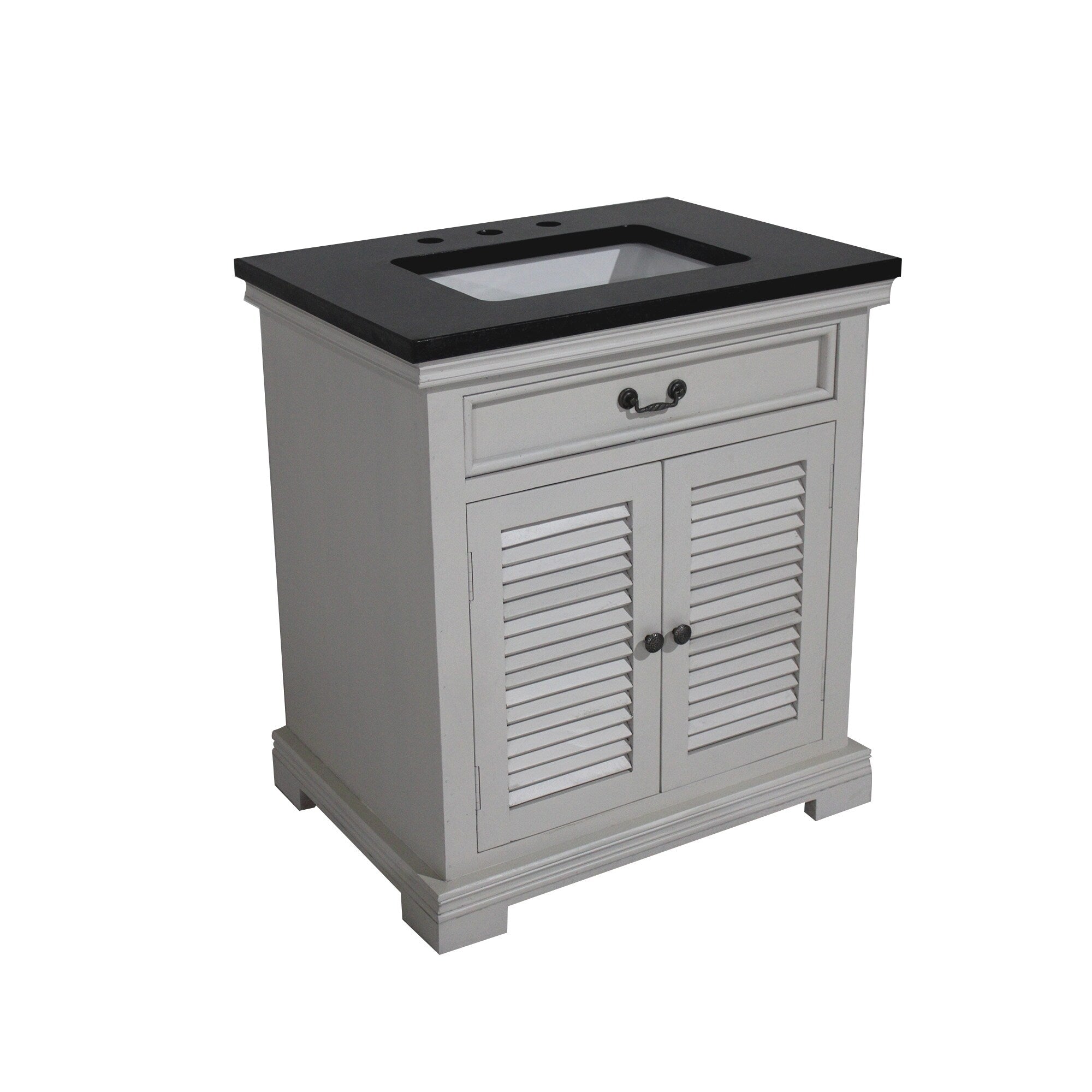 30 Two Door Single Vanity In White Finish And Black Granite Top