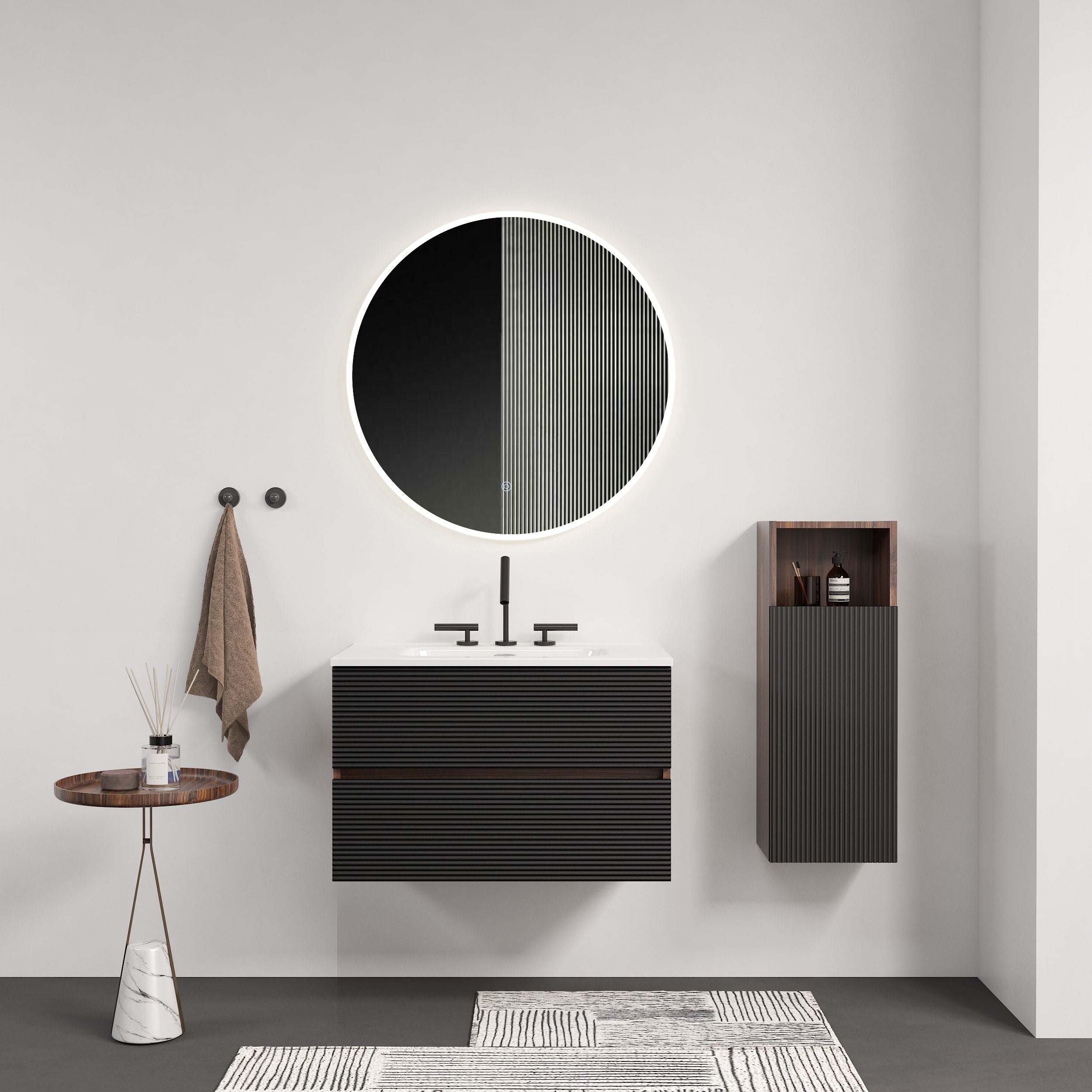 30 Wall Mounted Soft Black Walnut Bathroom Vanity With Integrated Ceramic Sink With 3 Holes