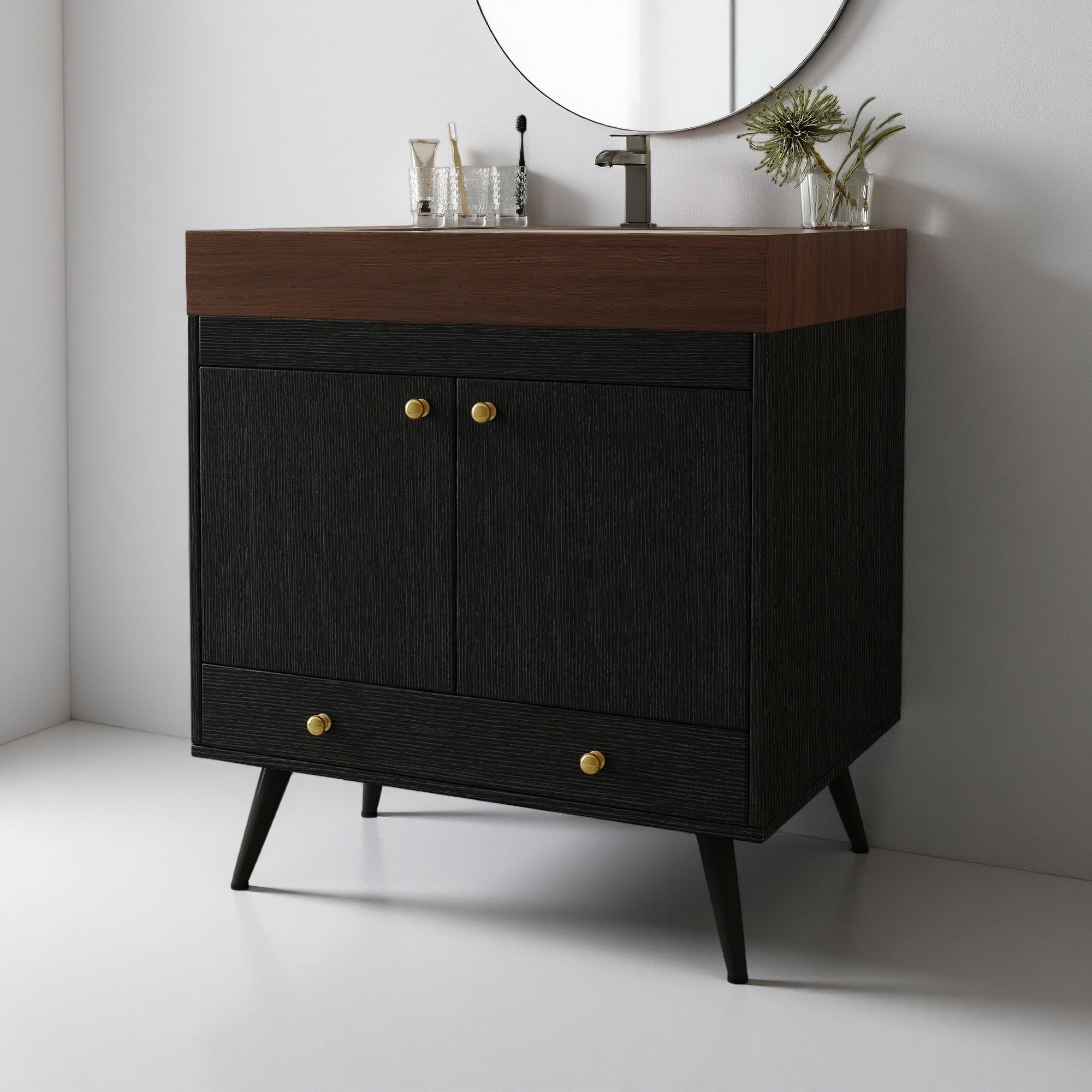 30 Waterproof Engineered Wood Freestanding Bathroom Vanity With Ceramic Sink And Double Door Storage