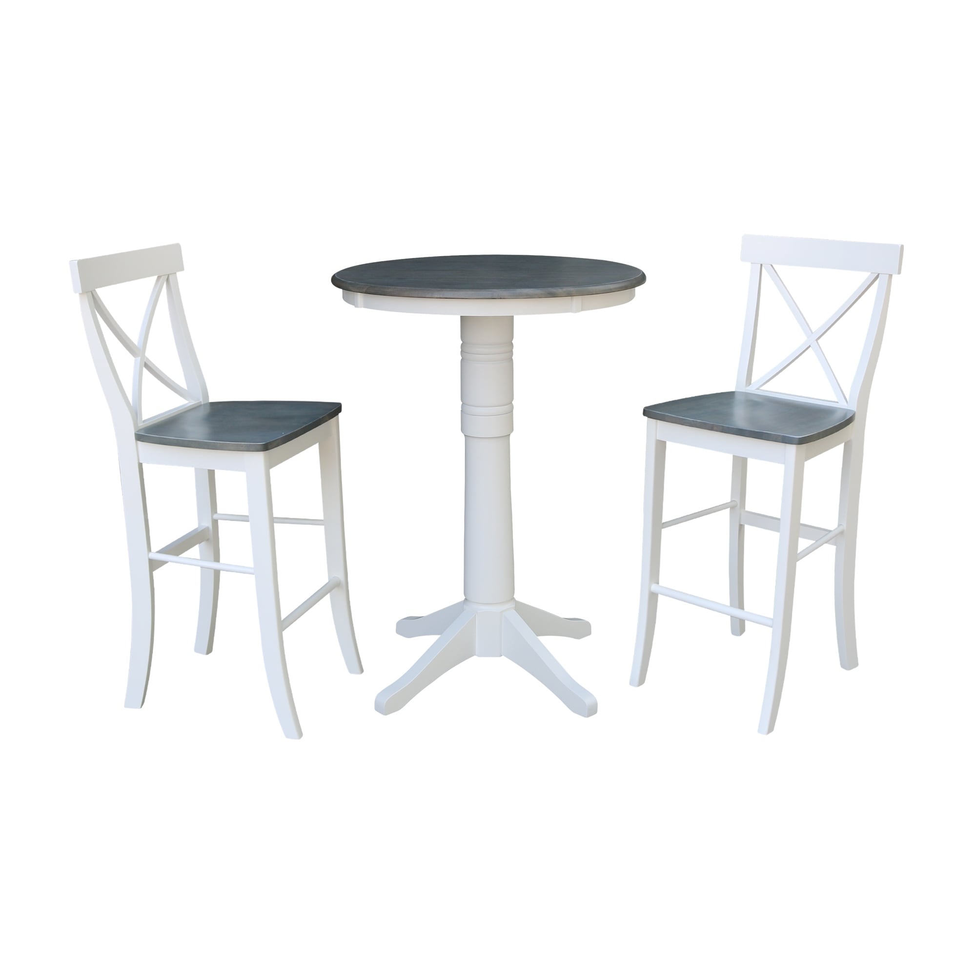 30 Round Pedestal Bar Height Table With 2 X Back Bar Height Stools In White And Heather Gray
