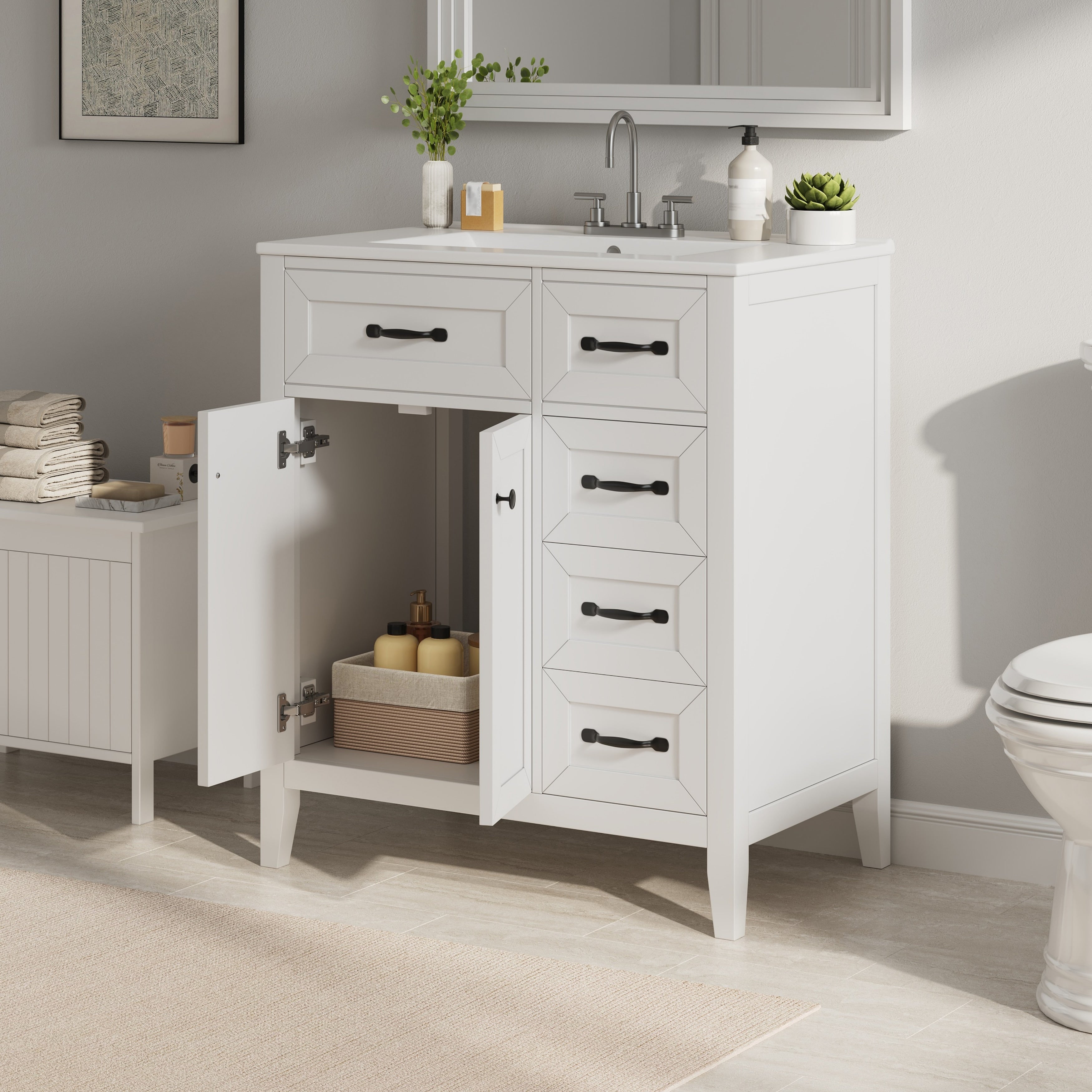 30 Bathroom Vanity With Ceramic Sink Freestanding Vanity With Black Metal Handles Solid Wood Legs Soft Close Doors Drawers
