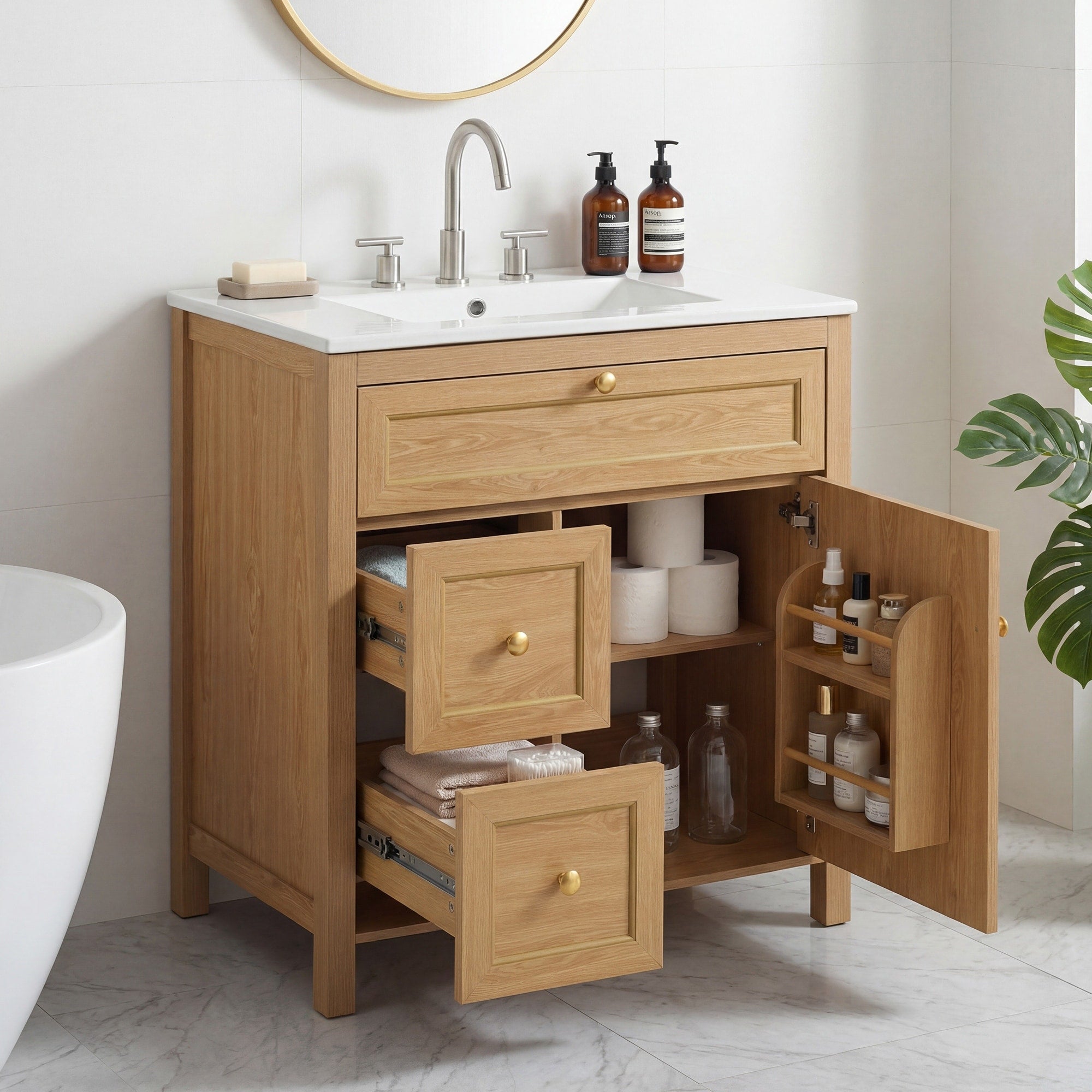 30 Bathroom Vanity With Sink Freestanding Wood Vanity Cabinet With Flip Out Drawer 2 Soft Close Drawers 1 Soft Close Door