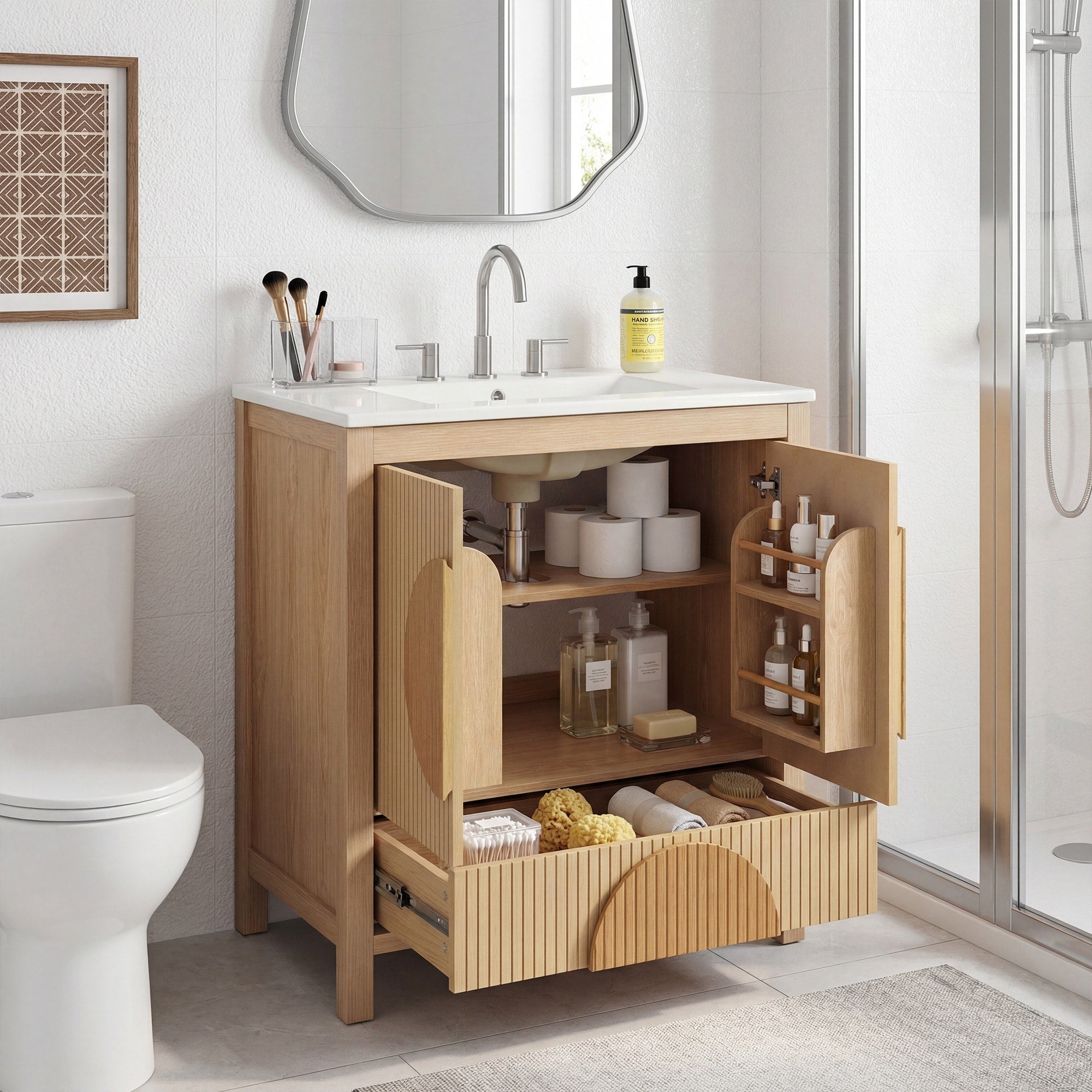 30 Fluted Bathroom Vanity With Sink Freestanding Modern Wood Cabinet With Soft Close Doors 1 Drawer Open Storage
