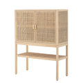 30 H Woven Rattan Pine Wood Cabinet With 3 Shelves 2 Doors