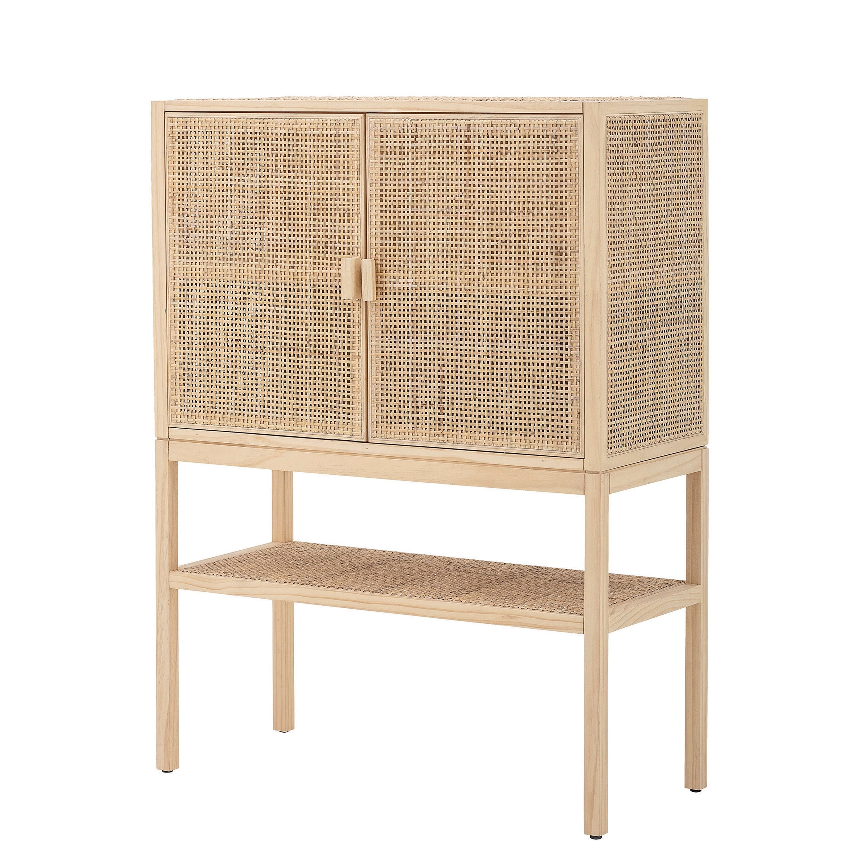 30 H Woven Rattan Pine Wood Cabinet With 3 Shelves 2 Doors