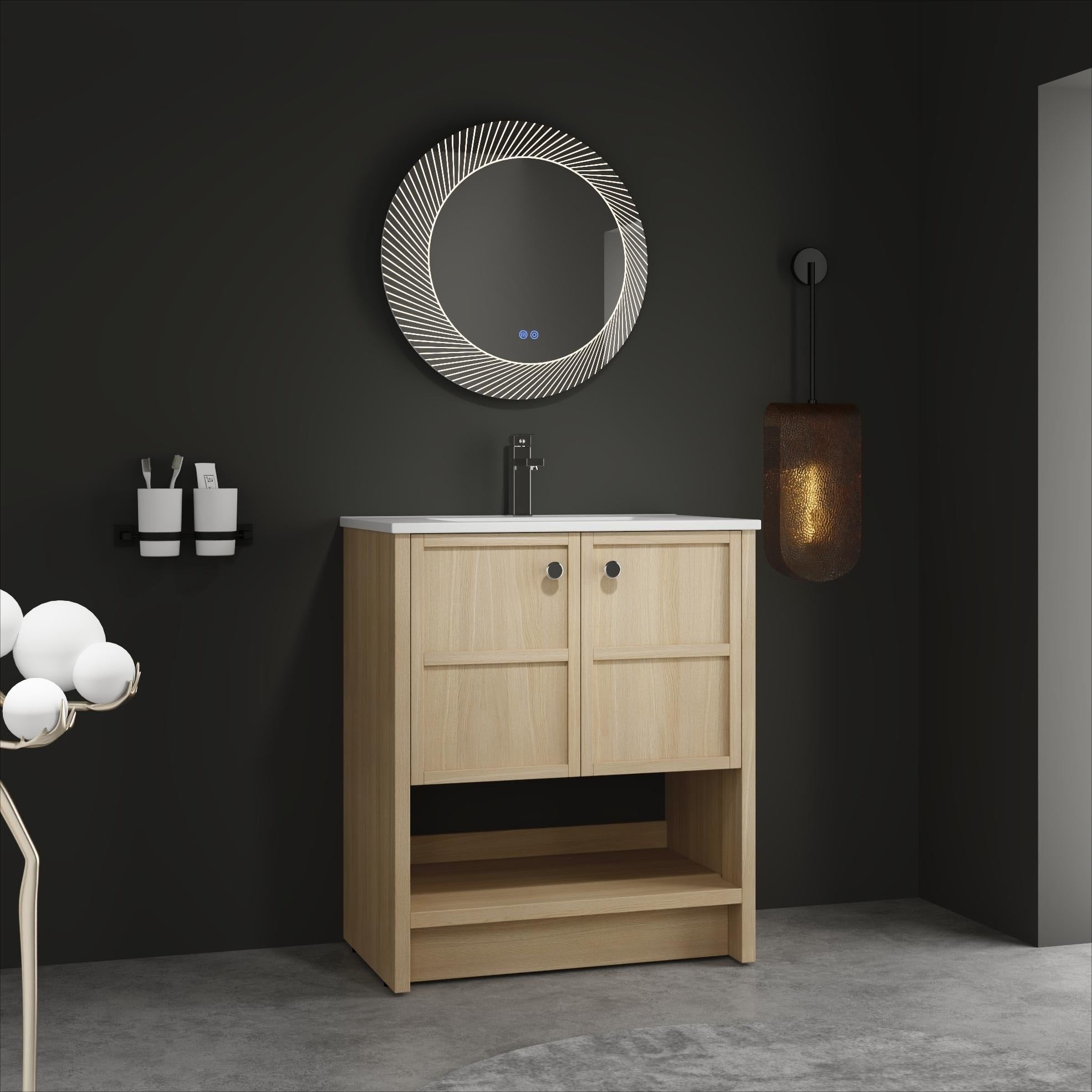 30 Inch Bathroom Vanity Whit Ceramic Sink 2 Soft Closing Door Oak Plywood