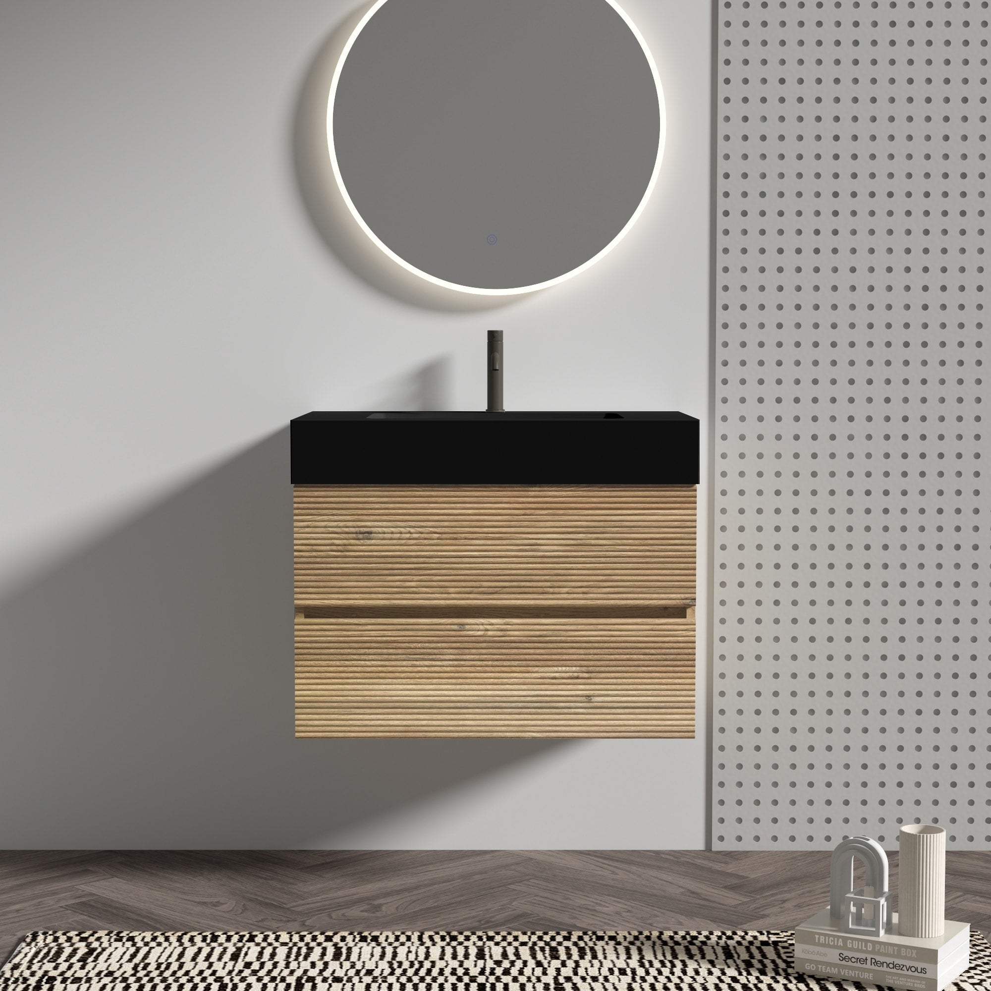 30 Inch Bathroom Vanity With Oak Engineered Quartz Sink And Soft Black Drawers One Piece Matt Basin Without Drainage And Faucet
