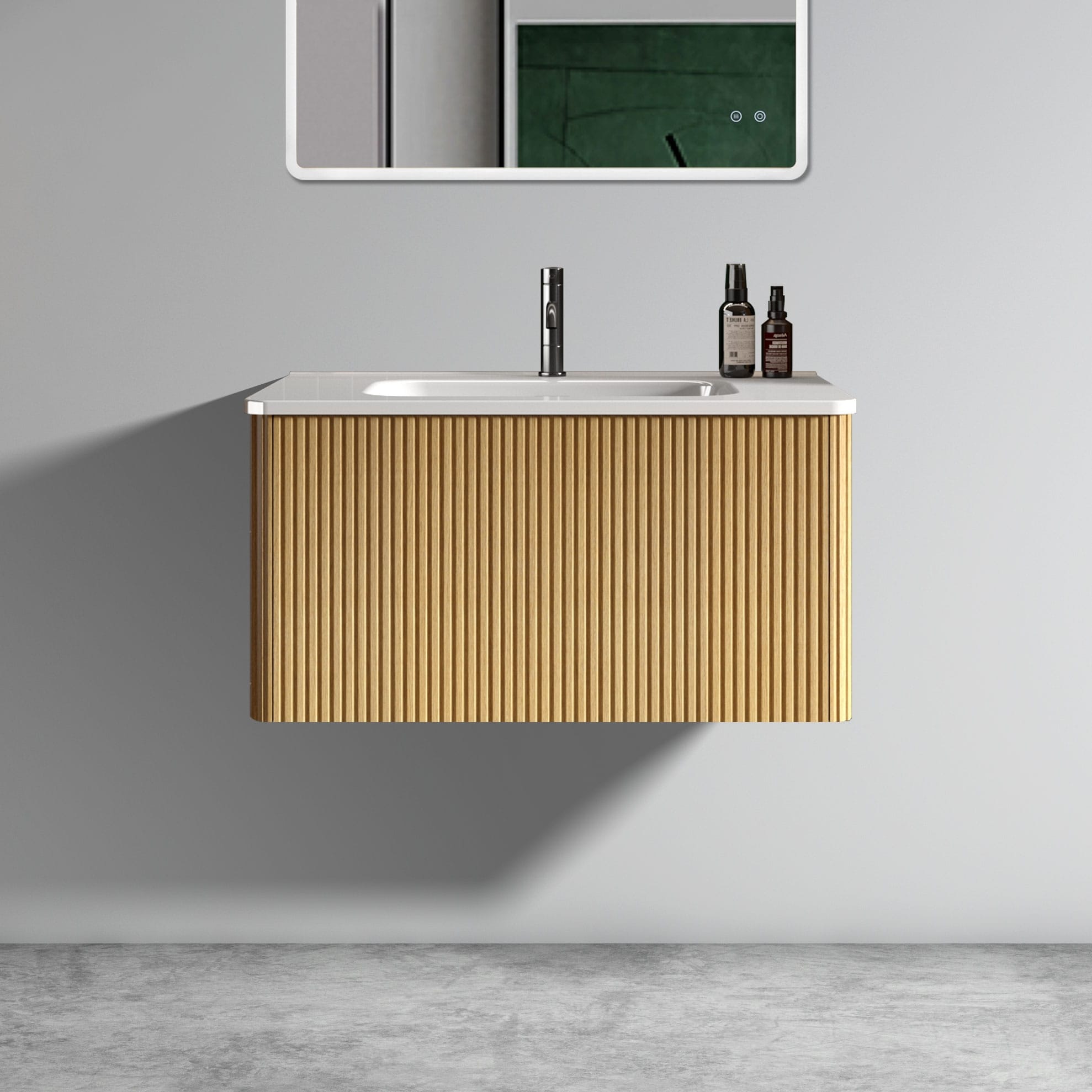 30 Inch Striped Natural Oak With White Ceramic Sink Wall Mounted Floating Bathroom Vanity One Piece White Basin Without Drain