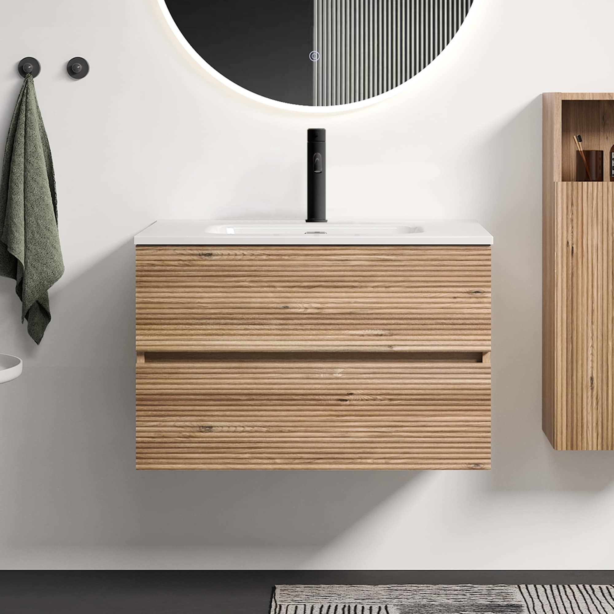 30 Inch Wall Mounted Rough Oak Rough Oak Bathroom Vanity With Integrated Ceramic Sink With Overflow