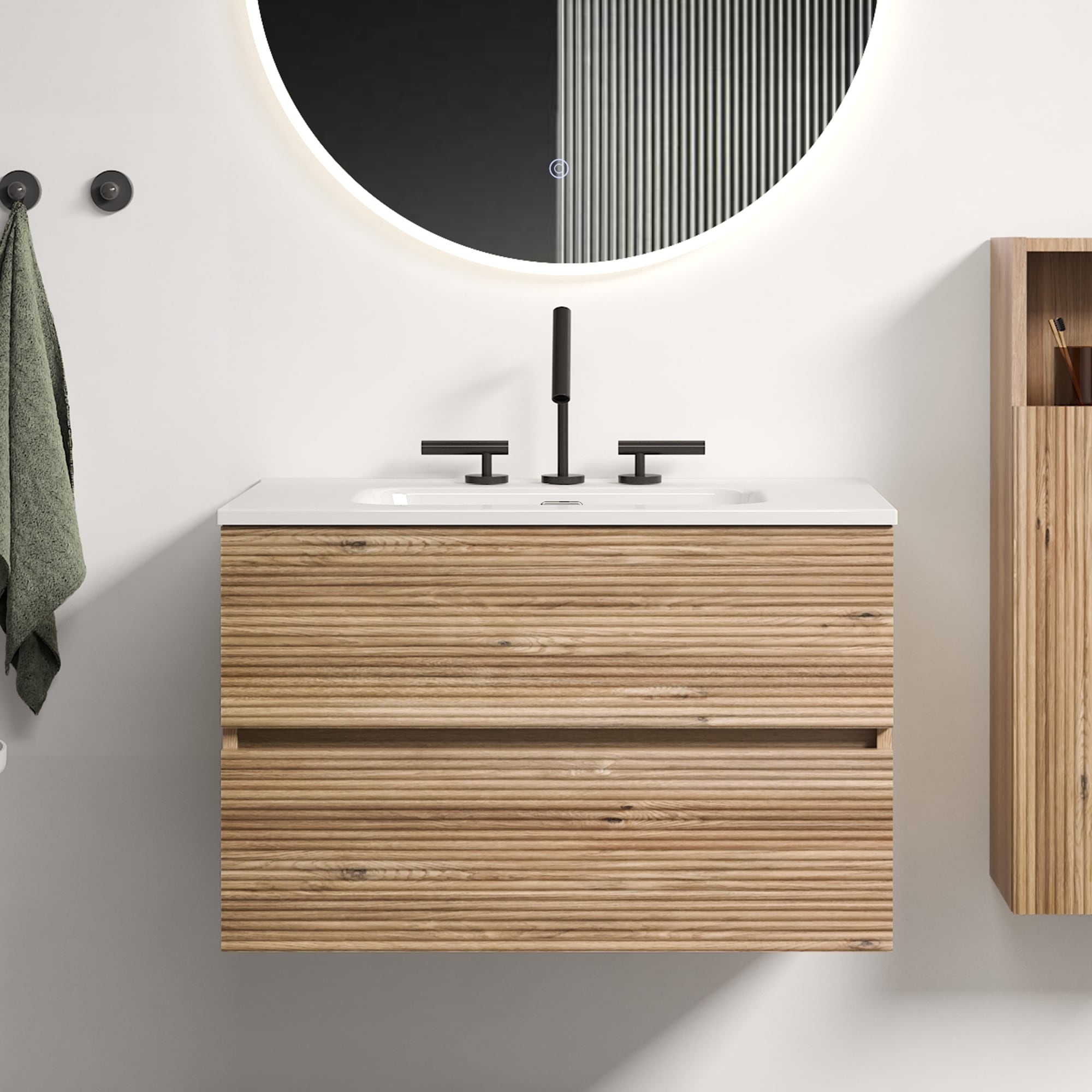 30 Inch Wall Mounted Rough Oak Rough Oak Bathroom Vanity With Integrated Ceramic Sink With Overflow With 3 Holes