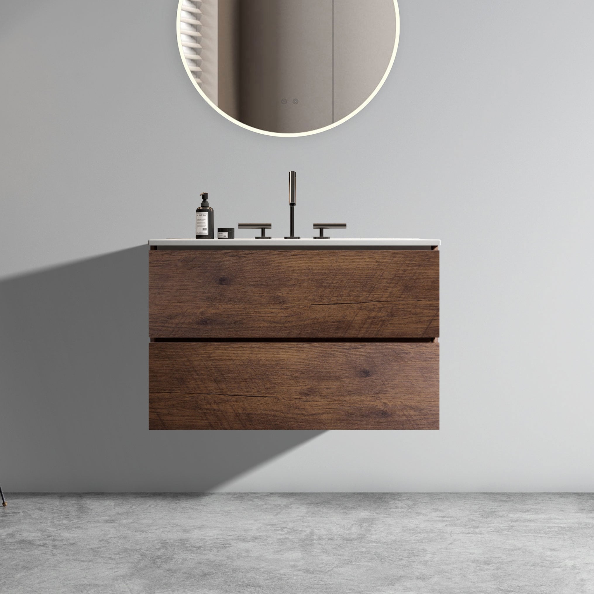 30 Inch Walnut Bathroom Vanity With Ceramic Sink With Three Faucet Holes One Piece Sink Basin Without Drain Pre Assembled