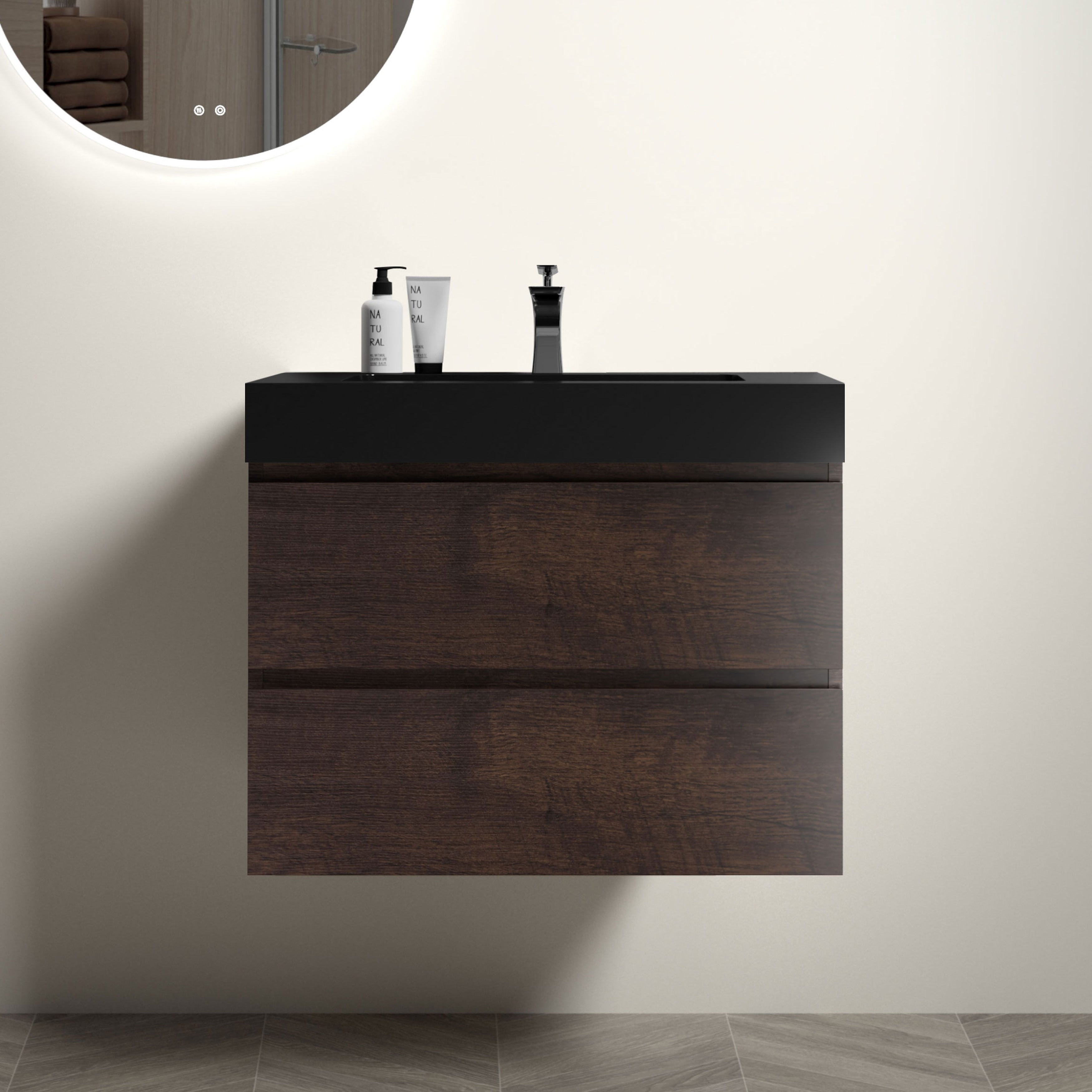 30 Inch Walnut Bathroom Vanity With Sink One Piece Black Sink Basin Without Drain And Faucet Pre Assembled