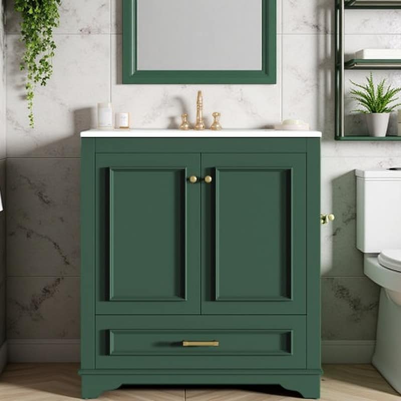 30 Bathroom Storage Cabinet With Ceramic Sink Freestanding Deep Drawer Dual Soft Close Doors Adjustable Interior Shelf