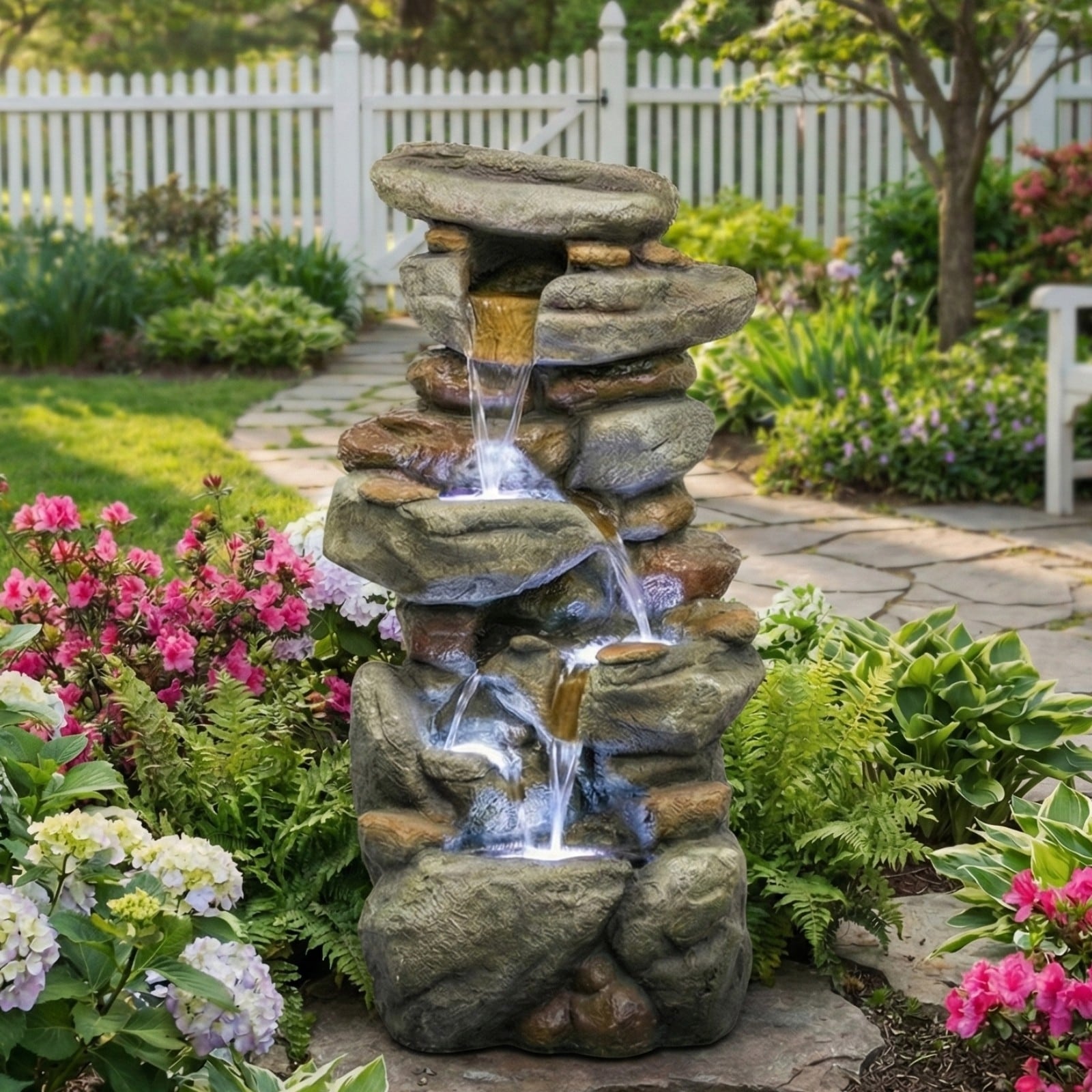 30 H Outdoor Stone Like Resin Water Fountain With Led Light Waterfall Flow N A