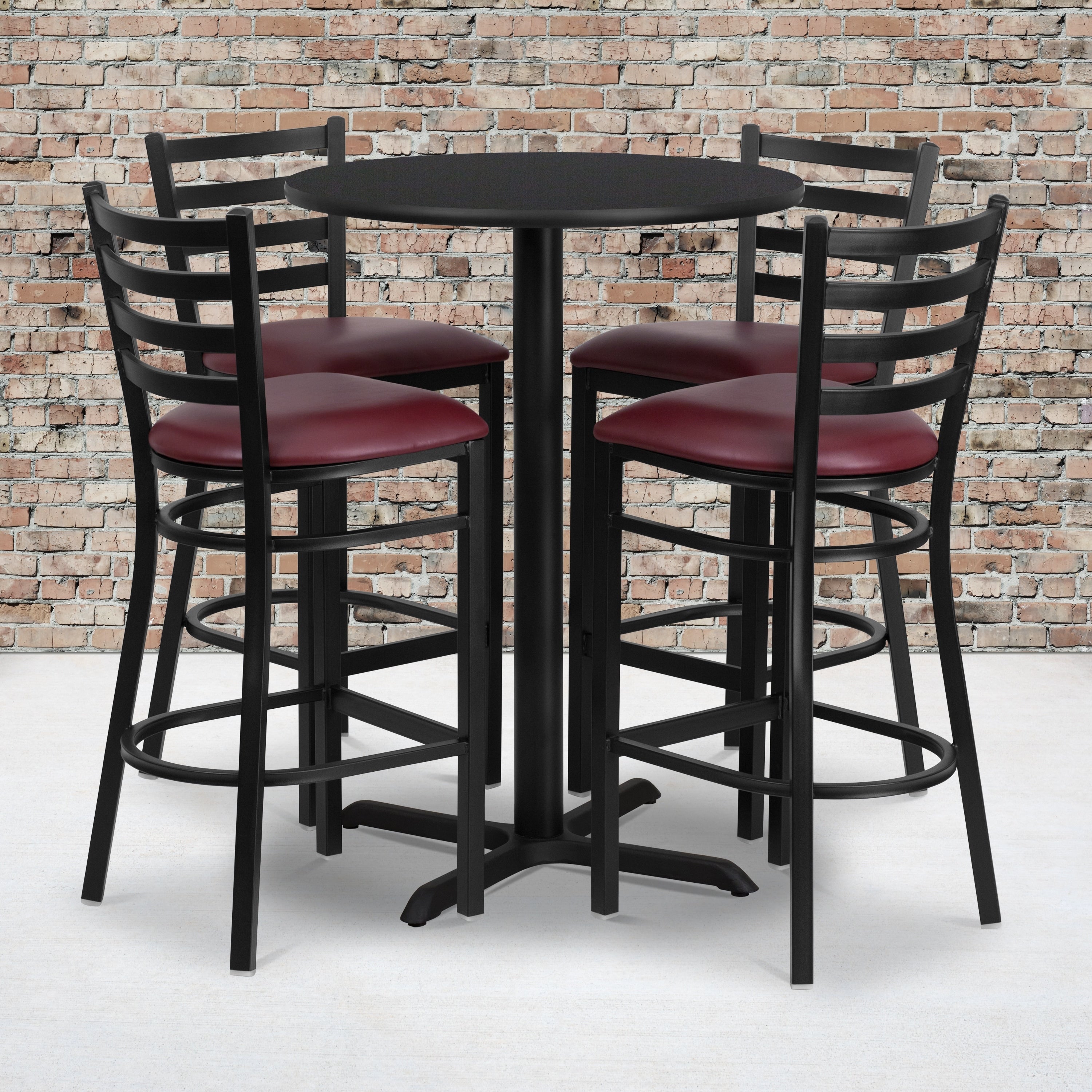 30 Round Laminate Table Set With 4 Ladder Back Metal Barstools