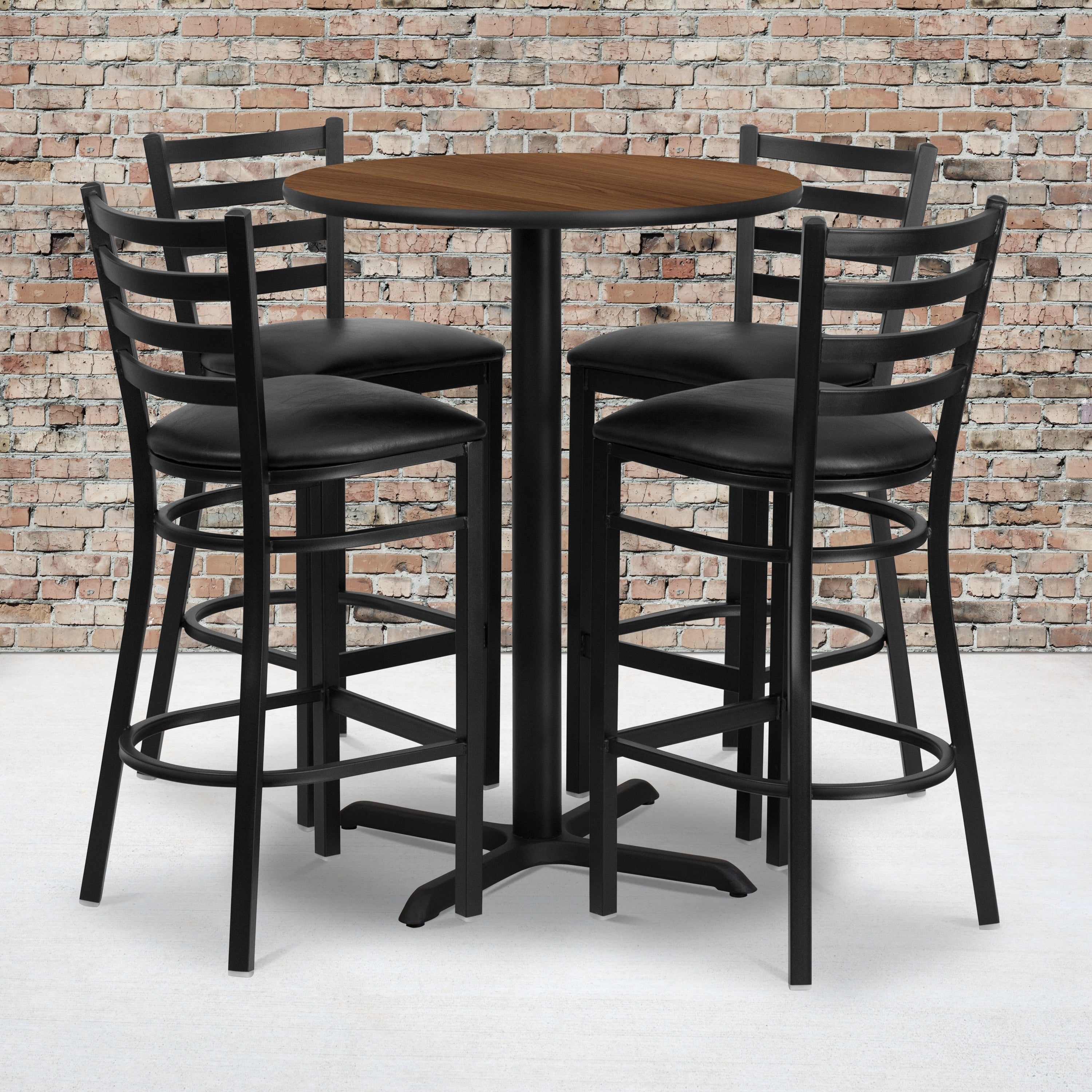 30 Round Laminate Table Set With X Base And 4 Ladder Back Metal Barstools