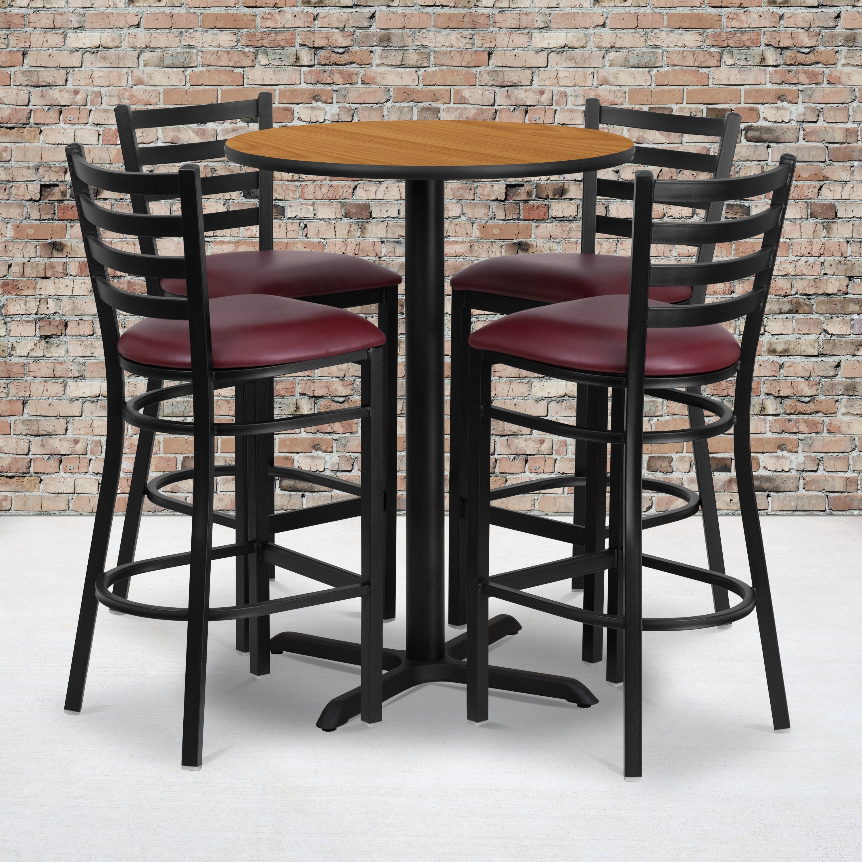 30 Round Laminate Table Set With X Base And 4 Ladder Back Metal Barstools