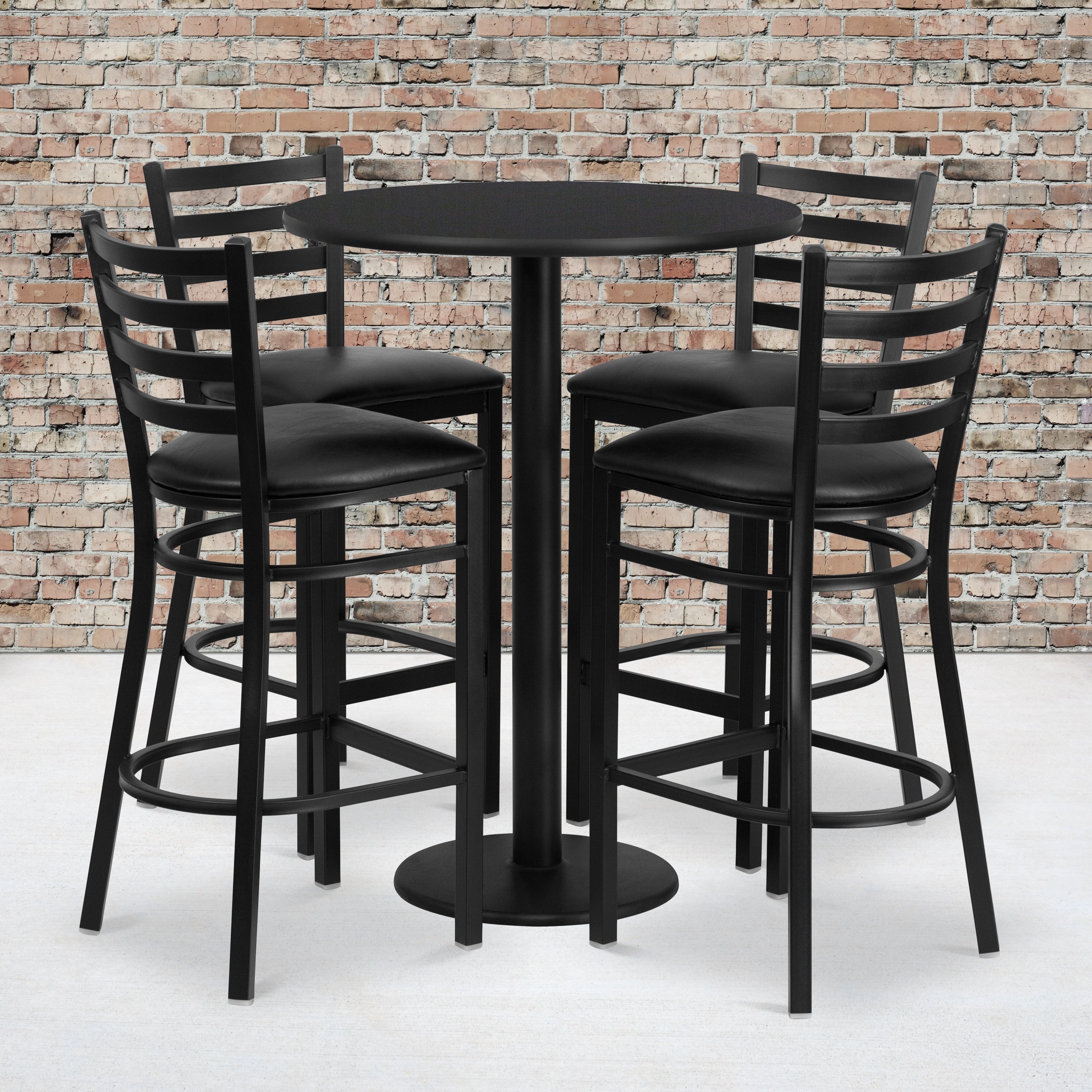 30 Round Laminate Table Set With 4 Ladder Back Metal Barstools