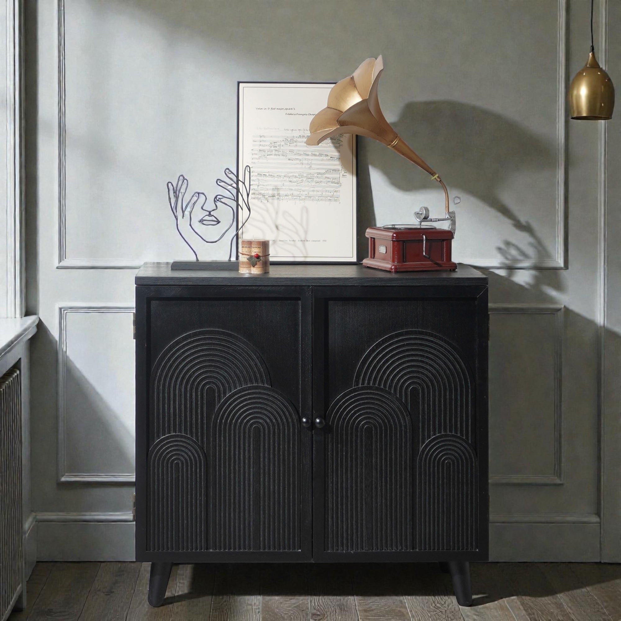 31 Inch Modern Black Storage Cabinet With Embossed Door Accent Sideboard For Bedroom Living Room