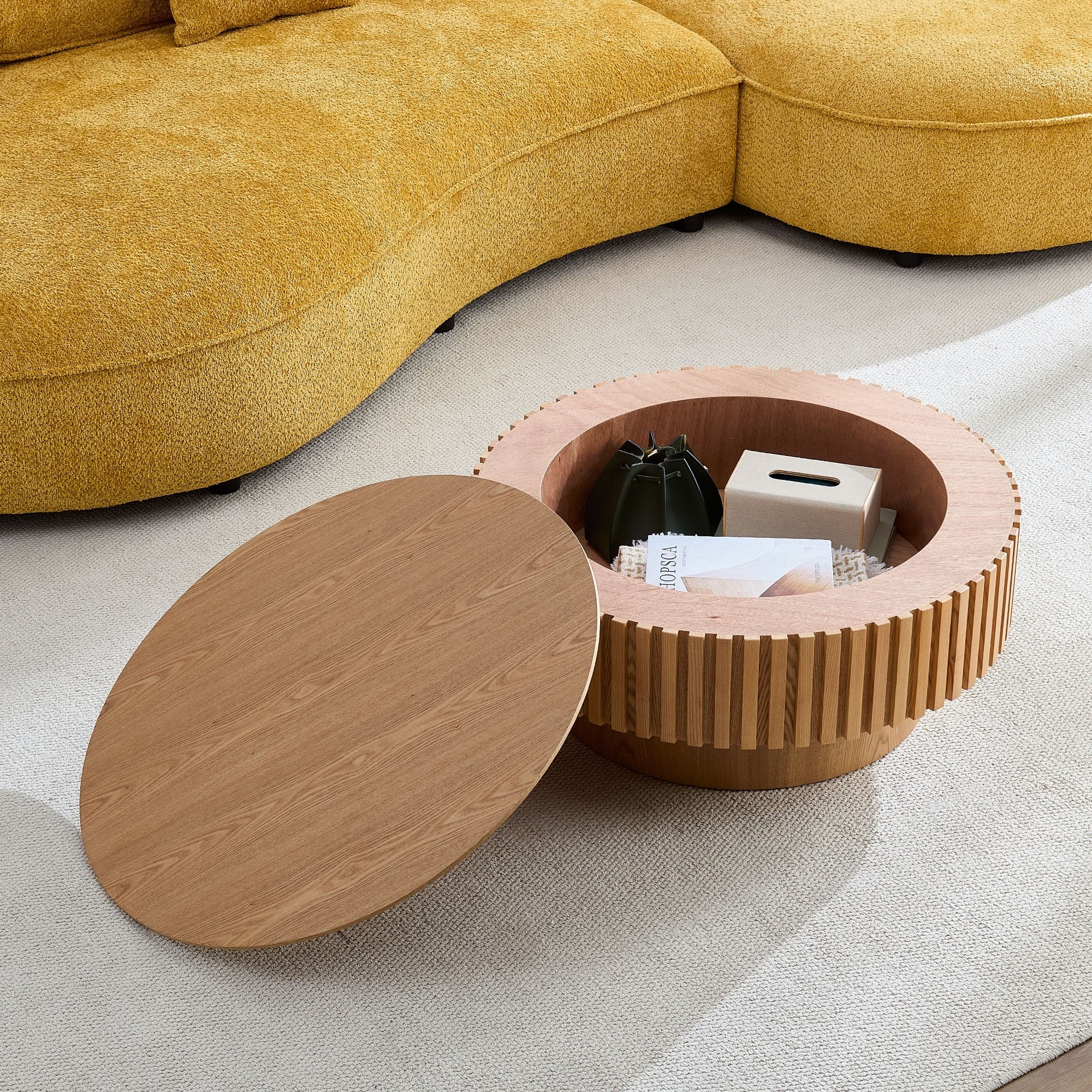 31.49 Modern Handcraft Round Wood Coffee Table With Storage