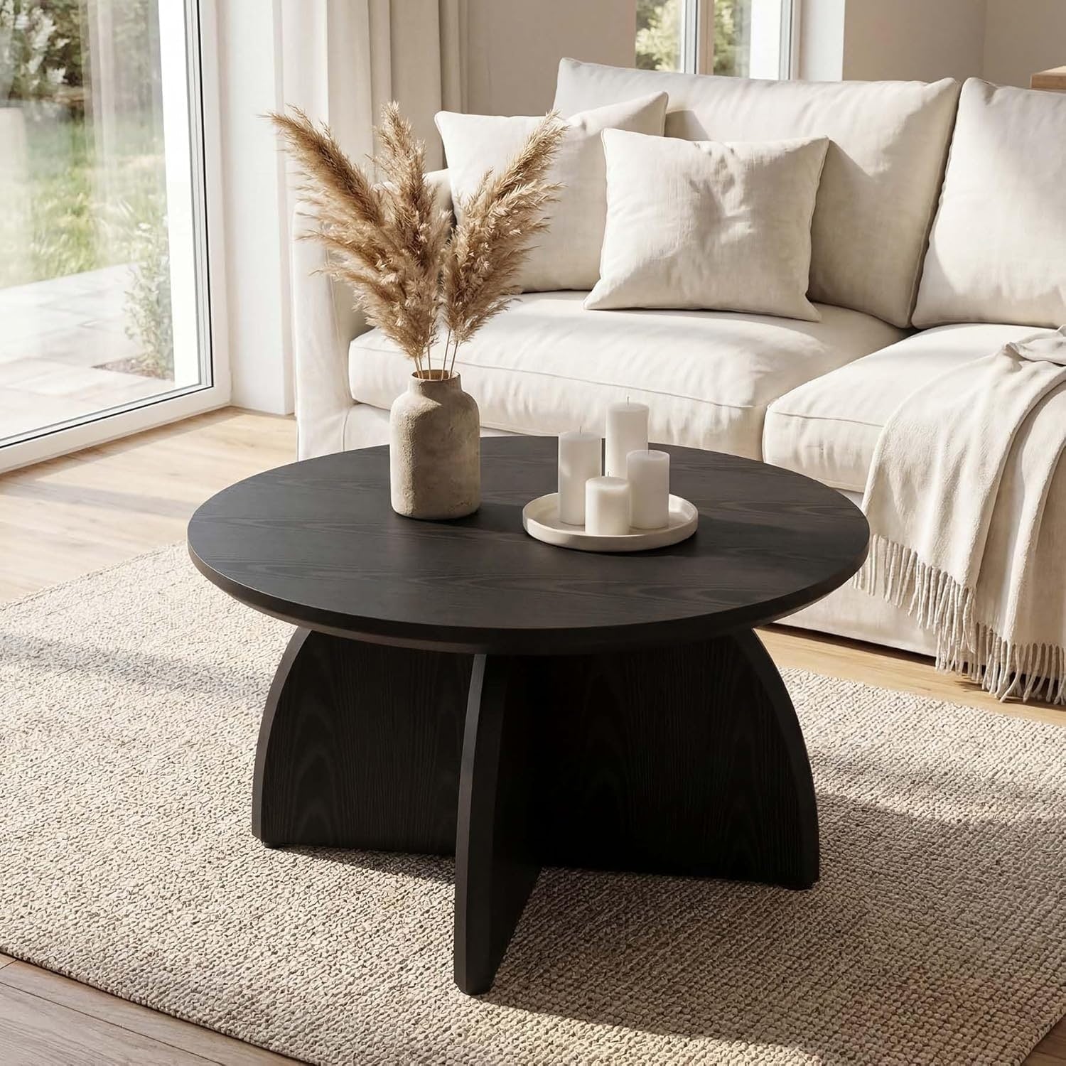 31.5 Inch Black Round Coffee Table Simple Modern Low Center Table For Living Room Home Office Sturdy Easy Assembly